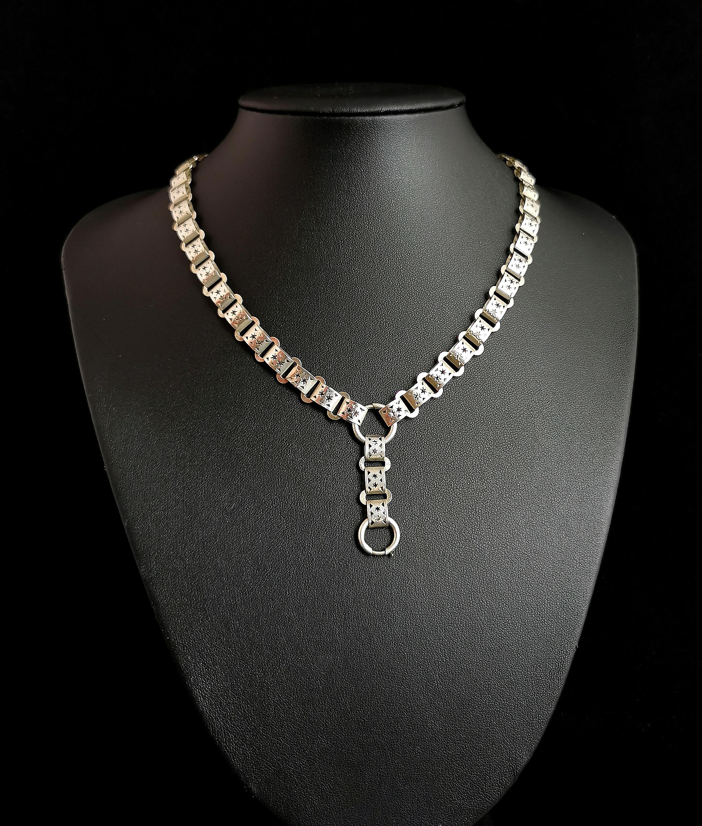 Antique Victorian silver book chain necklace, star links 4