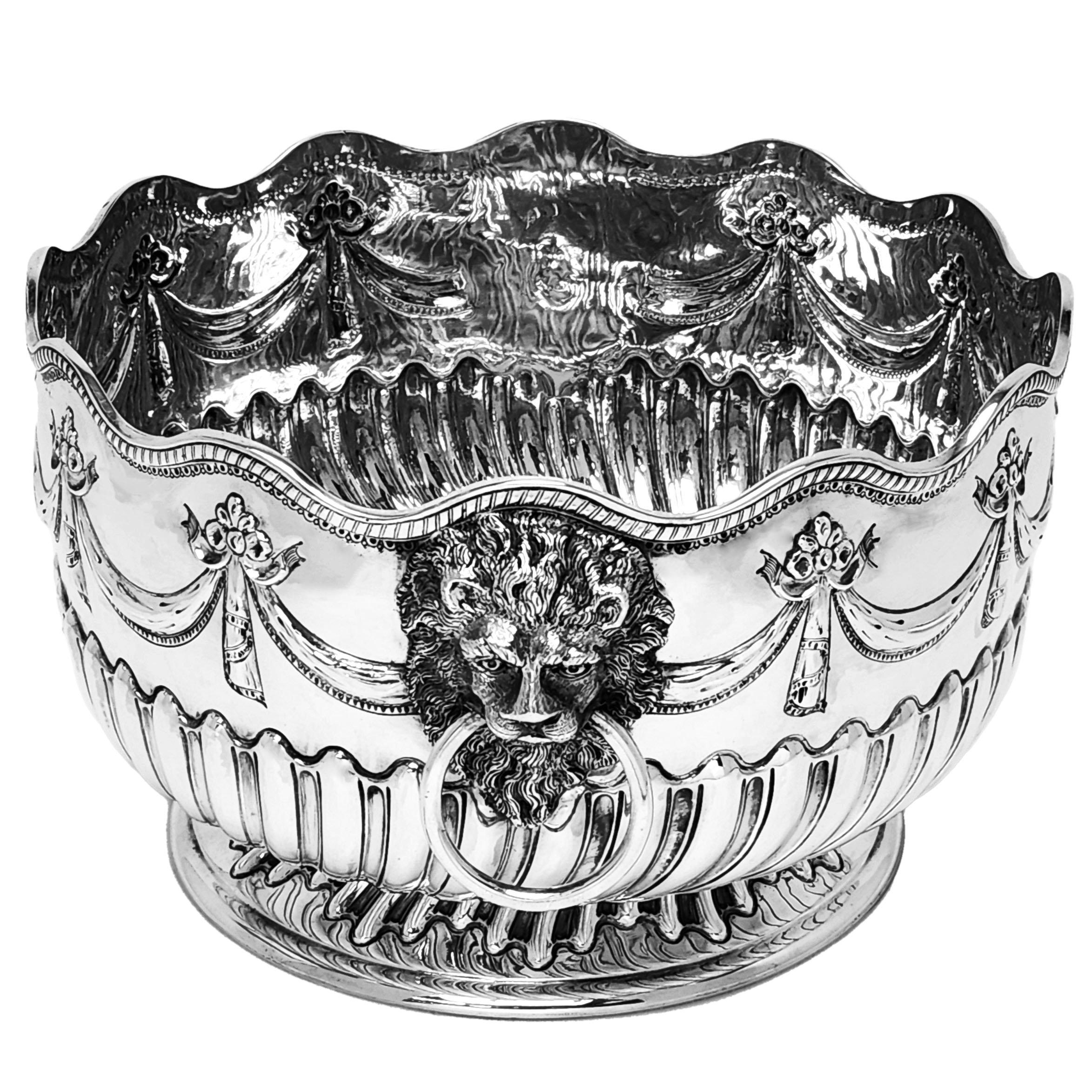 English Antique Victorian Silver Bowl / Dish 1885 Lion Handle 