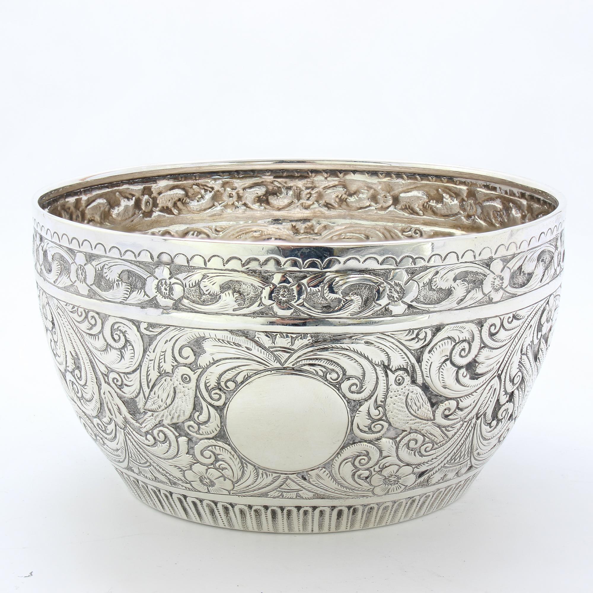 The traditional shape of this silver bowl is well preserved over time. The ornate birds on the front and rear are beautifully carved into detail, ending in intricate engraved wings. As old as it looks, this gorgeous dish was made in London 1888 by a