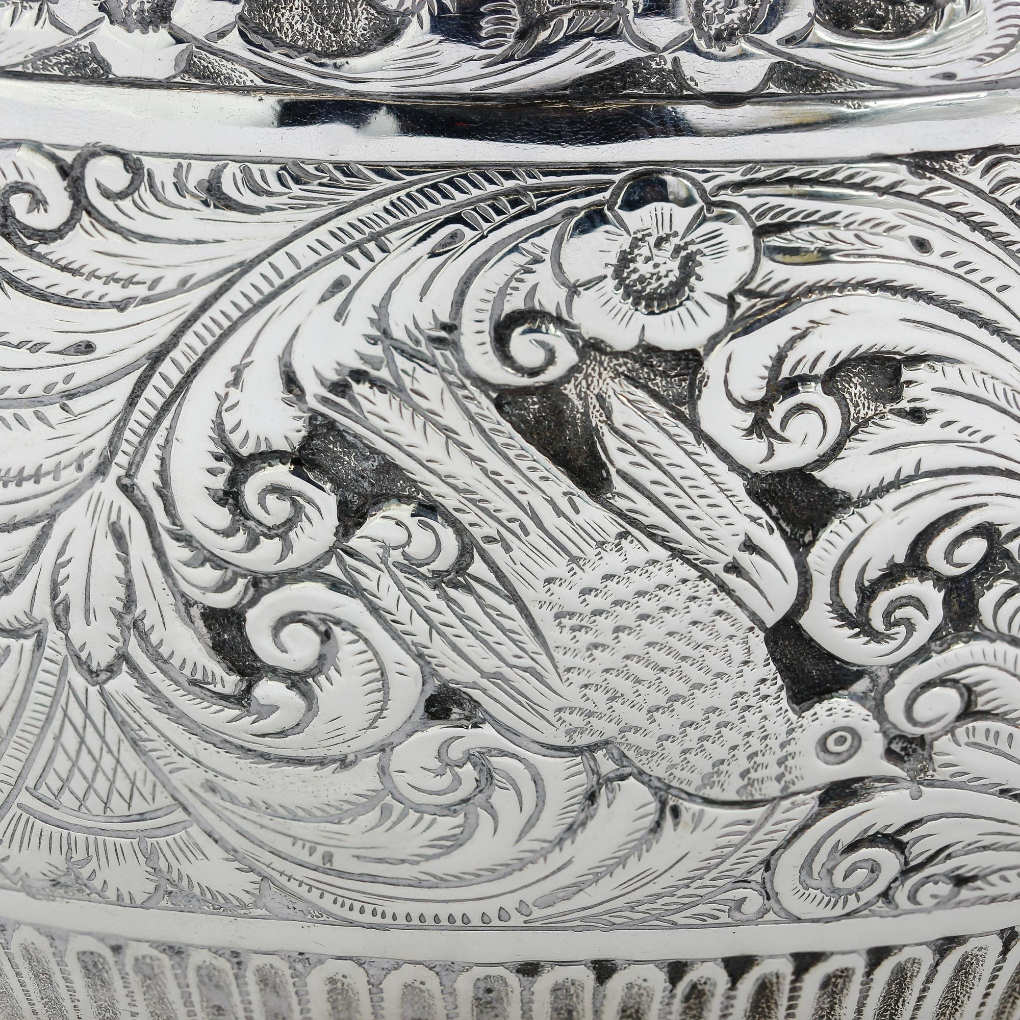 Antique Victorian Silver Bowl with Birds, Elaborately Engraved, London, 1888 In Good Condition For Sale In Braintree, GB