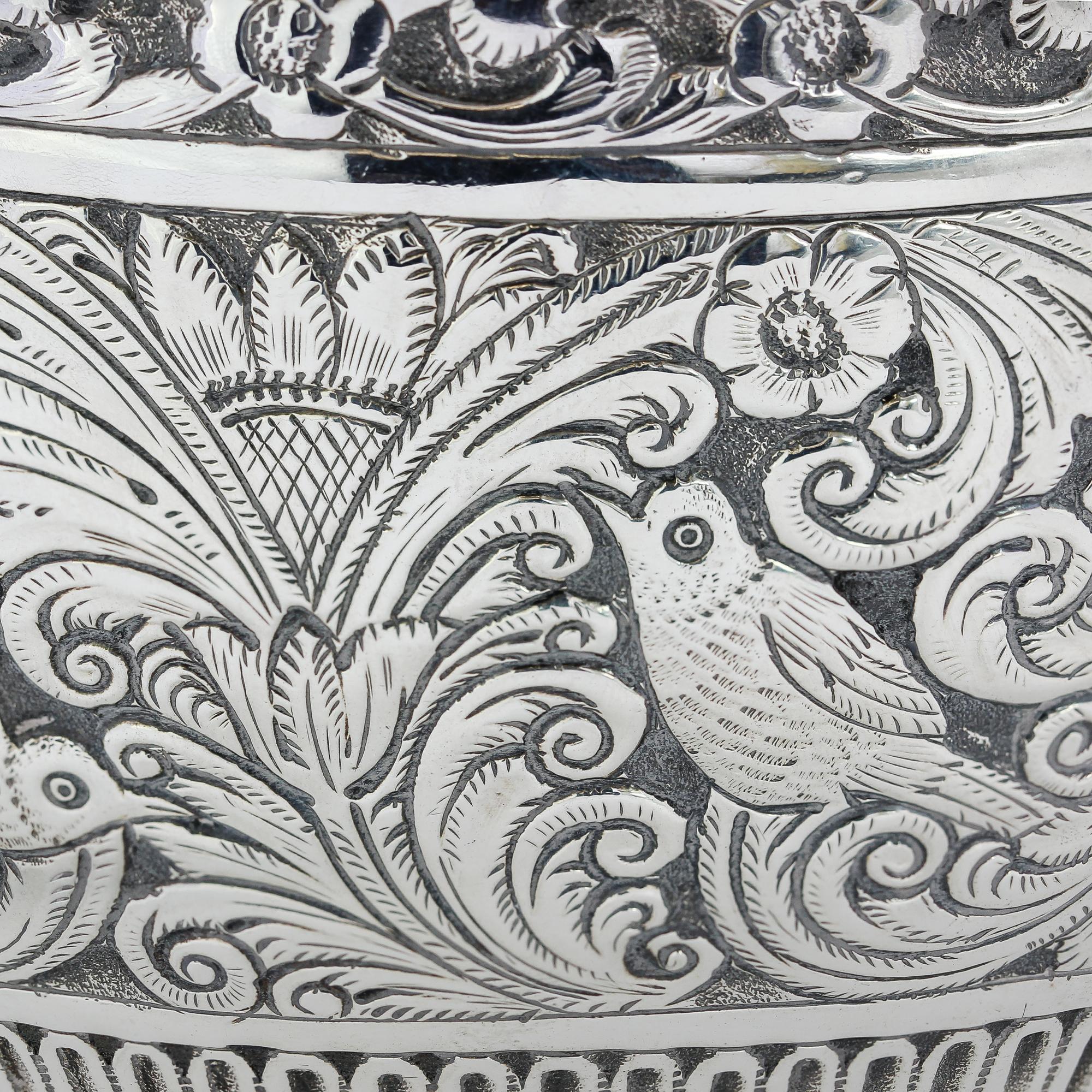 Late 19th Century Antique Victorian Silver Bowl with Birds, Elaborately Engraved, London, 1888 For Sale