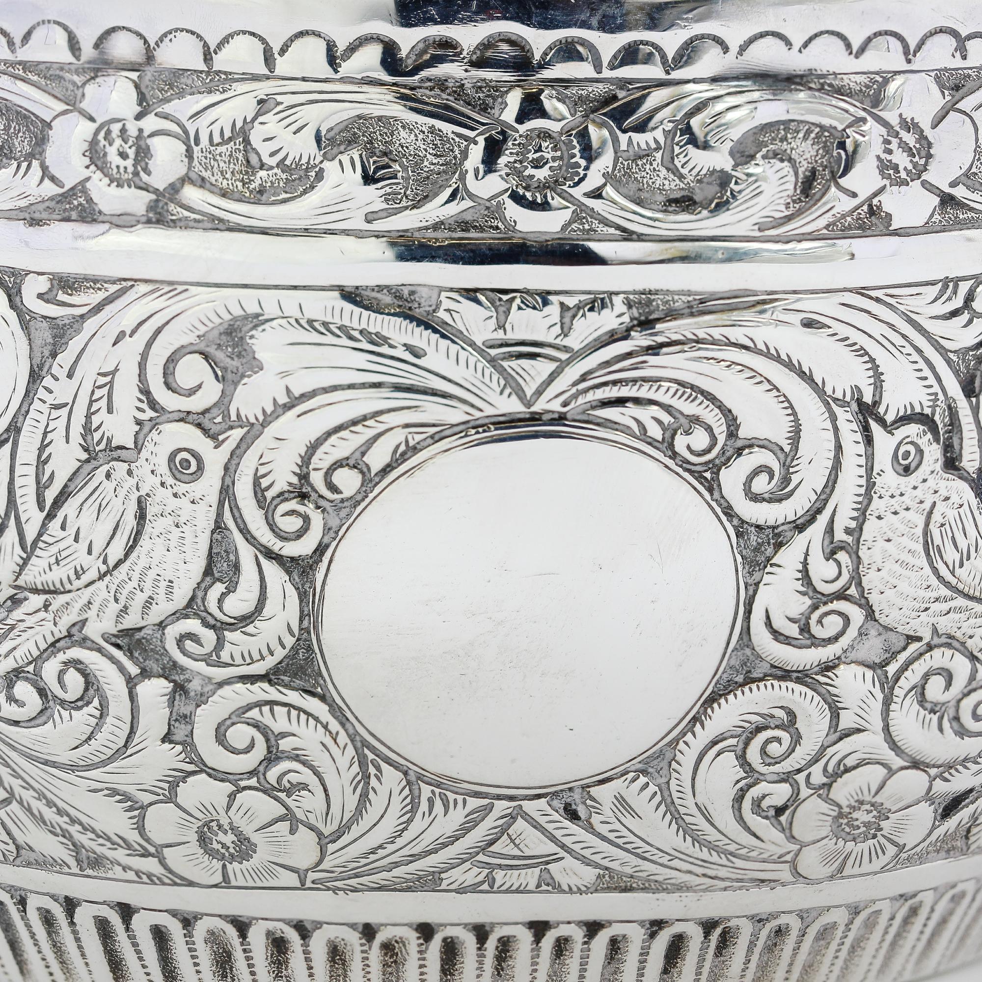 Sterling Silver Antique Victorian Silver Bowl with Birds, Elaborately Engraved, London, 1888 For Sale