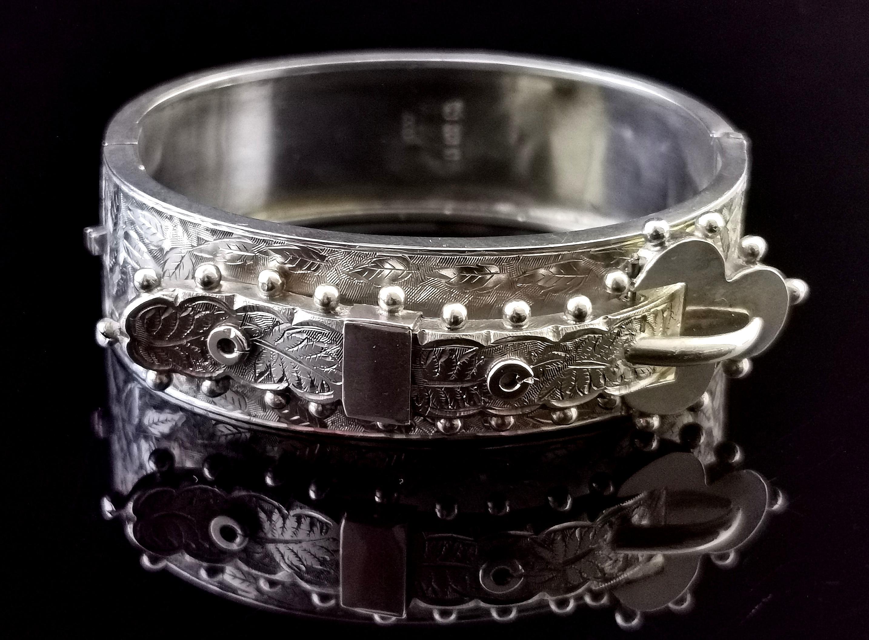Antique Victorian Silver Buckle Bangle, Aesthetic Engraved 6