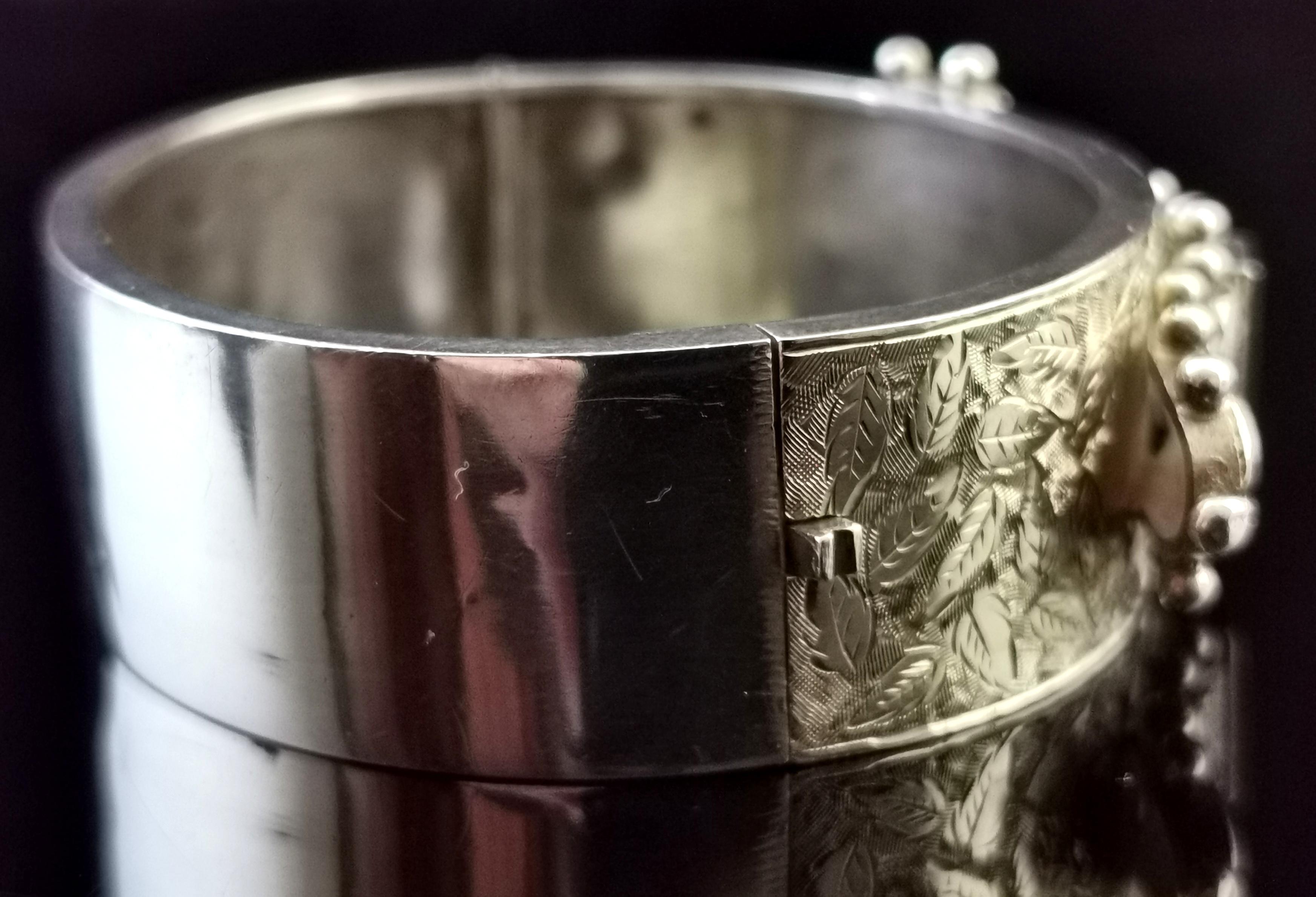 Antique Victorian Silver Buckle Bangle, Aesthetic Engraved 8