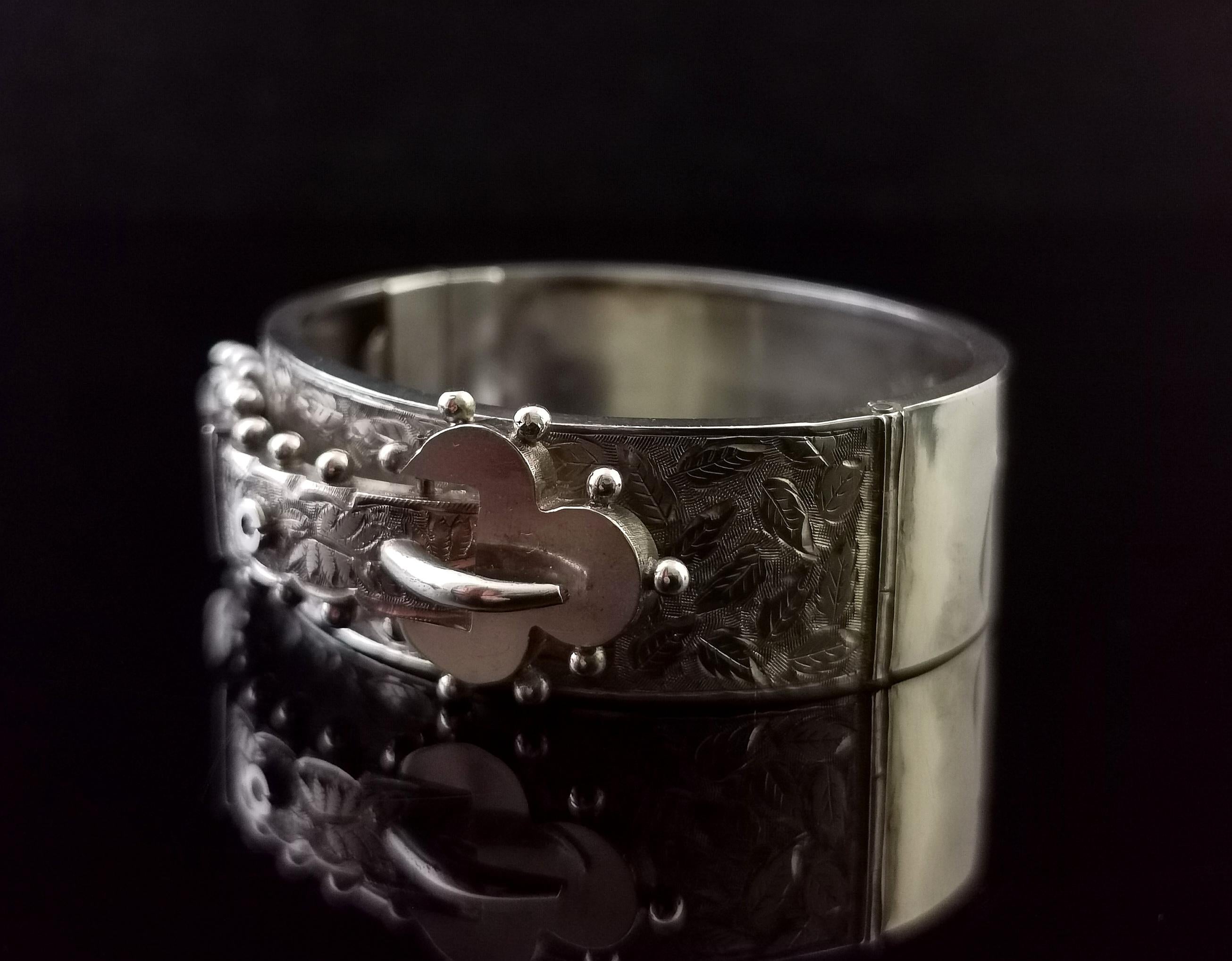 Antique Victorian Silver Buckle Bangle, Aesthetic Engraved 10