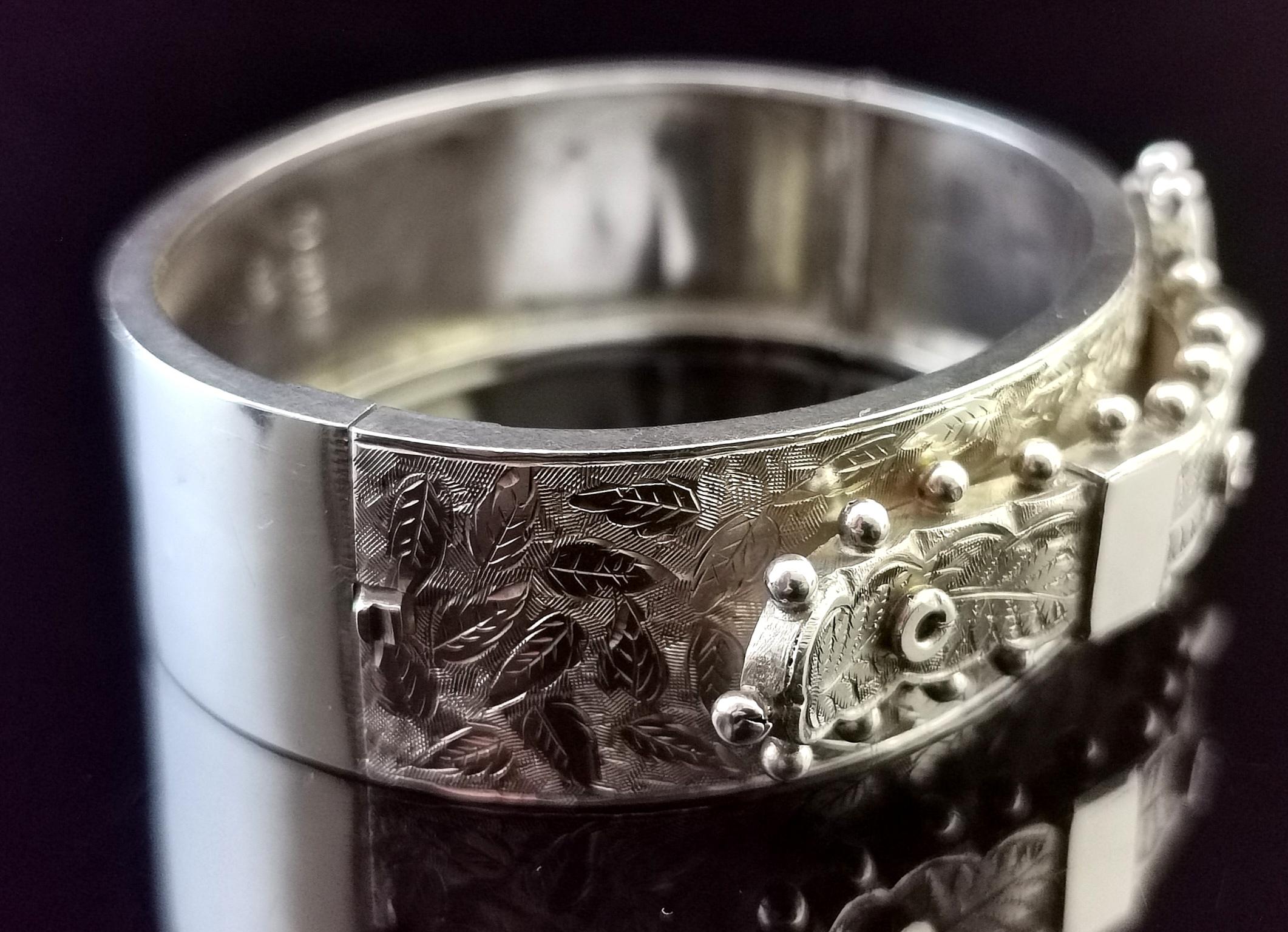 Women's Antique Victorian Silver Buckle Bangle, Aesthetic Engraved