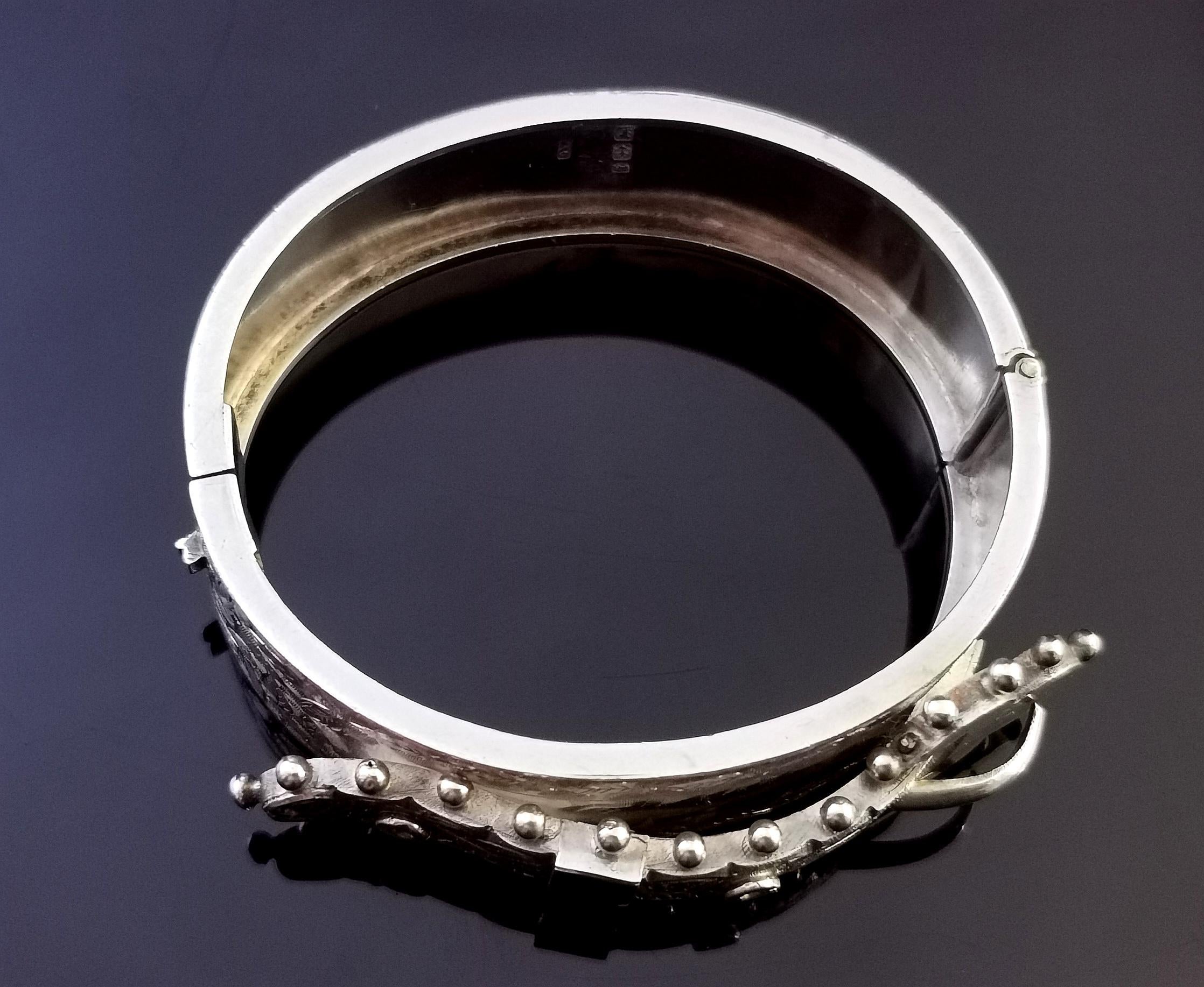 Antique Victorian Silver Buckle Bangle, Aesthetic Engraved 1