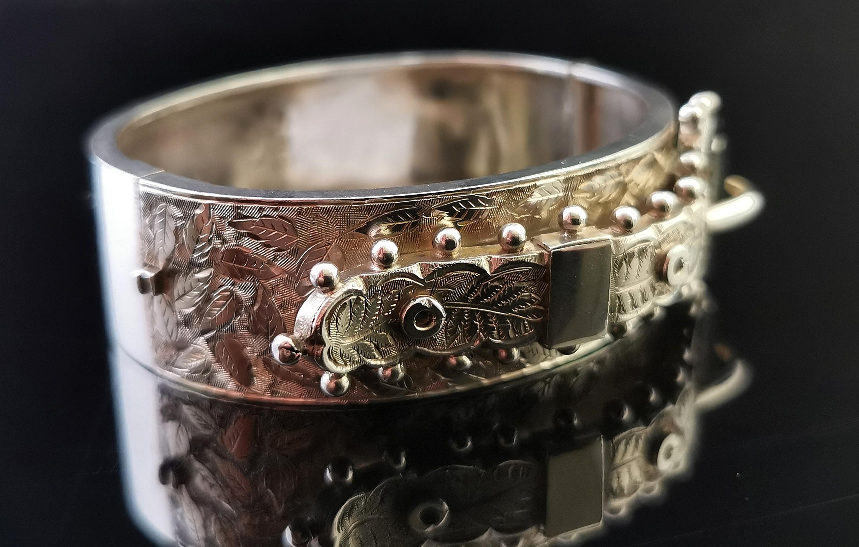 Antique Victorian Silver Buckle Bangle, Aesthetic Engraved 2