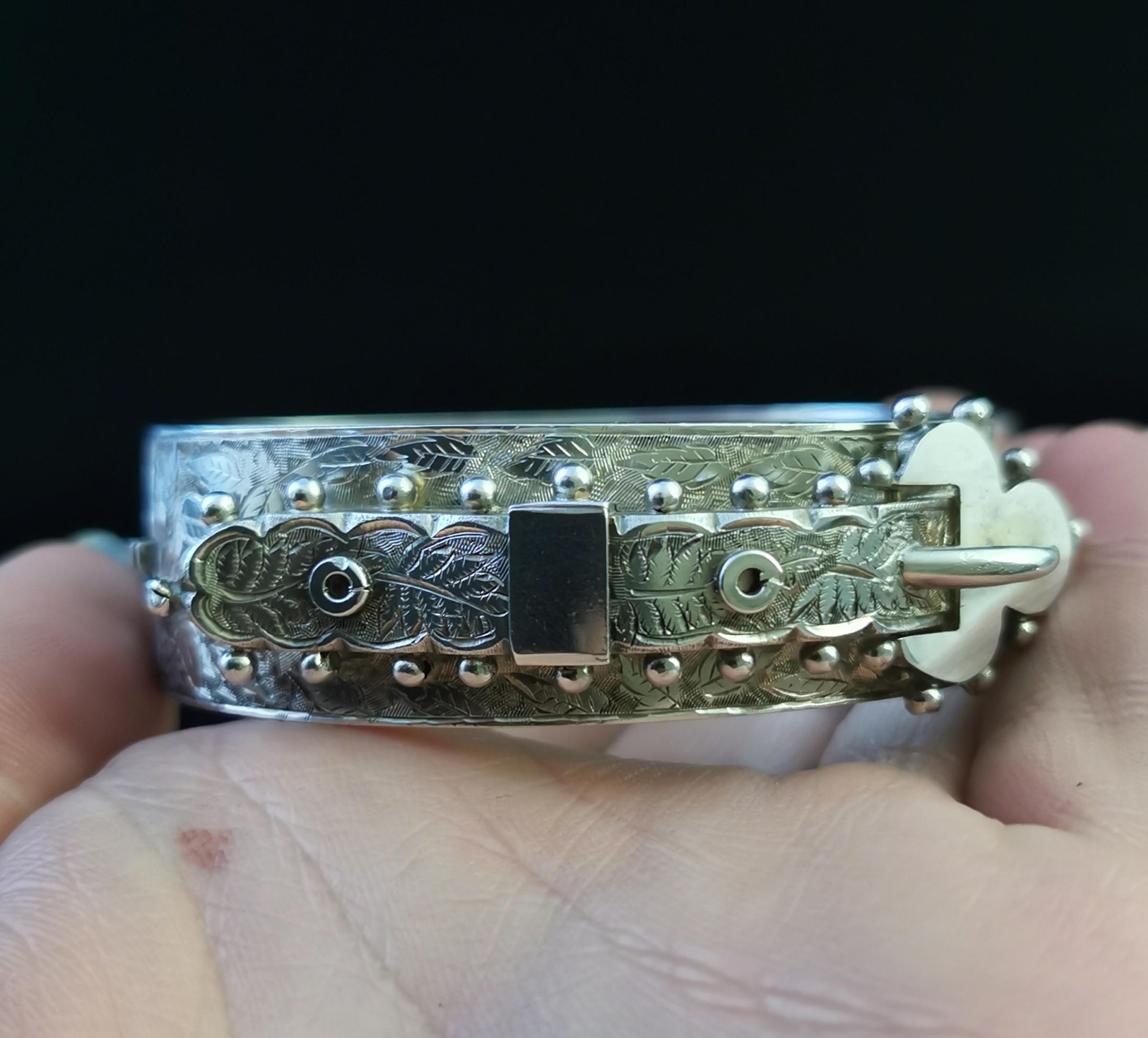 Antique Victorian Silver Buckle Bangle, Aesthetic Engraved 3