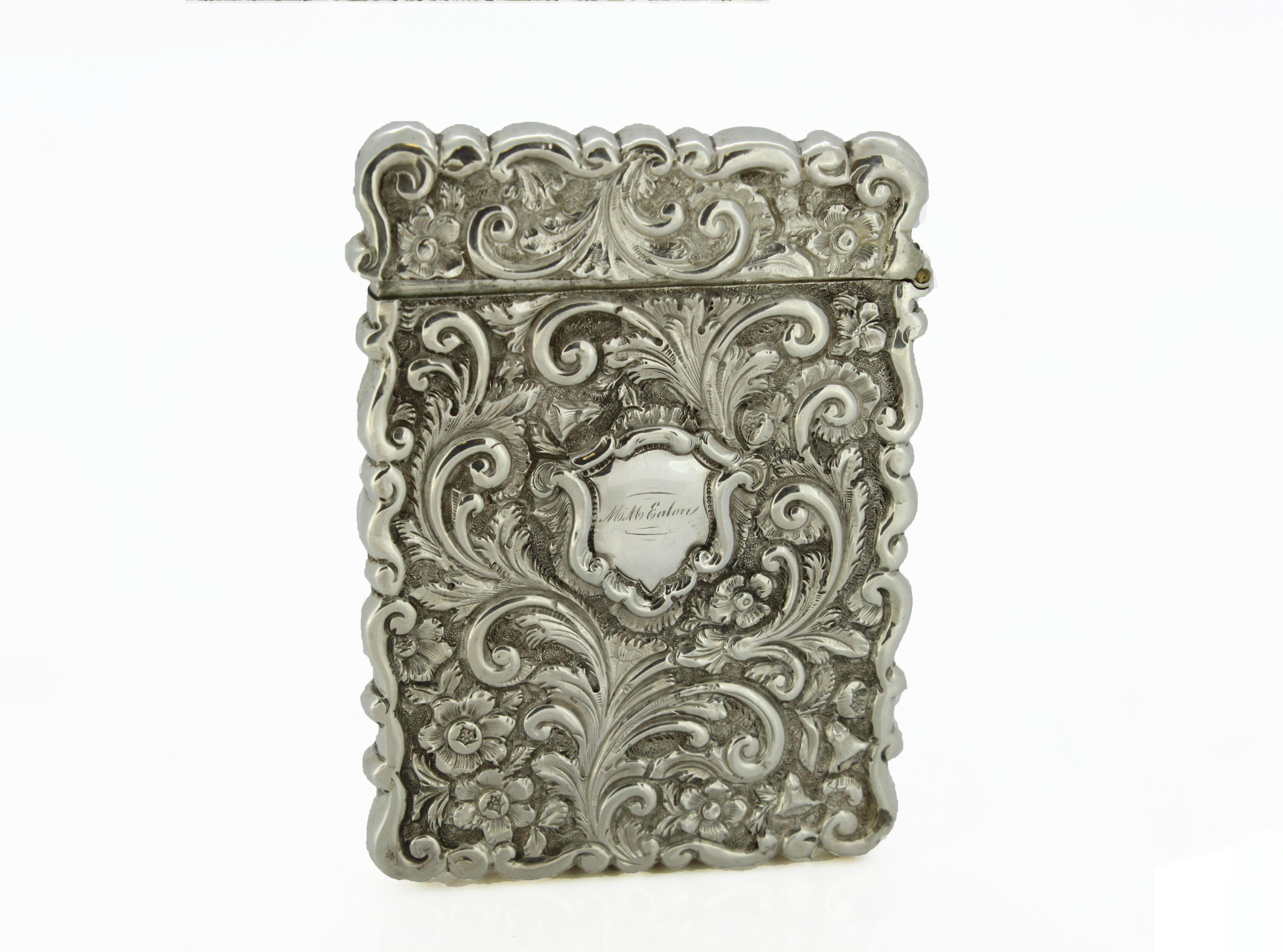 Antique Victorian silver card case

Made in England, Birmingham, 1852
Maker: R (unidentified) 

Dimensions:
10.2 x 7.5 x 1 cm

Weight: 73 grams

Condition: Item is pre - owned, item has minor age related wear and tear, otherwise excellent
