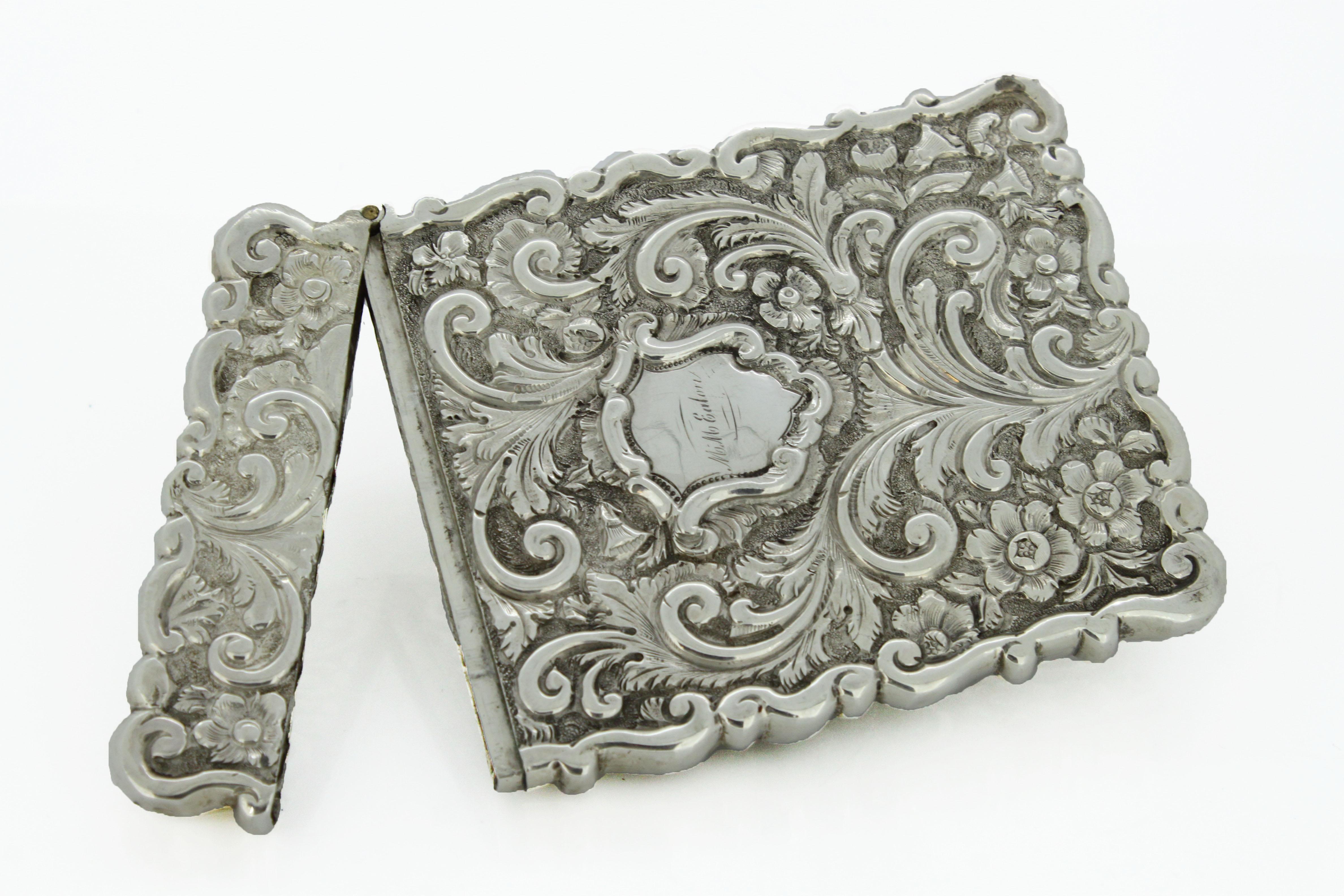 British Antique Victorian Silver Card Case, Birmingham, 1852