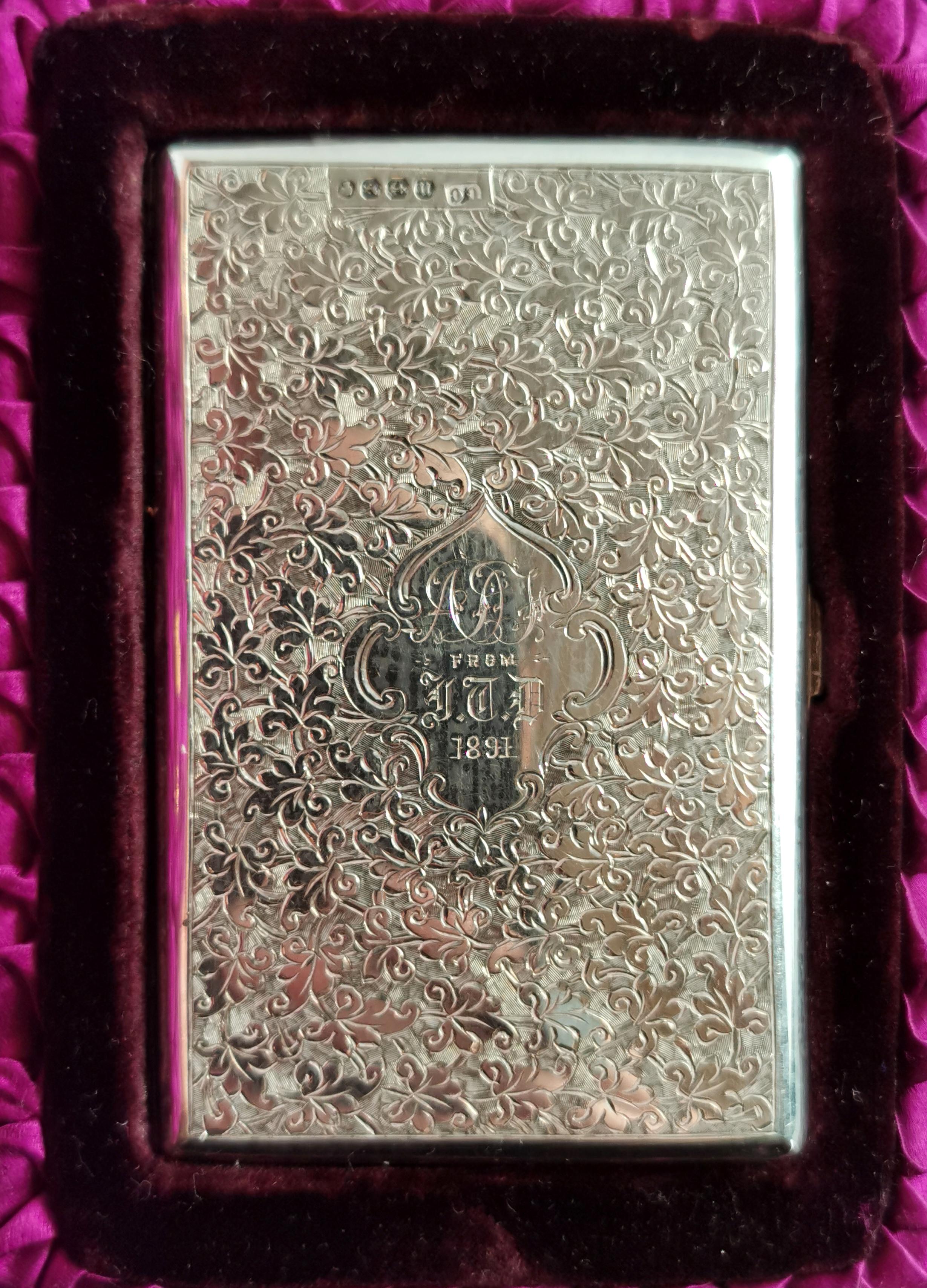 Women's or Men's Antique Victorian silver card case, engraved, boxed 