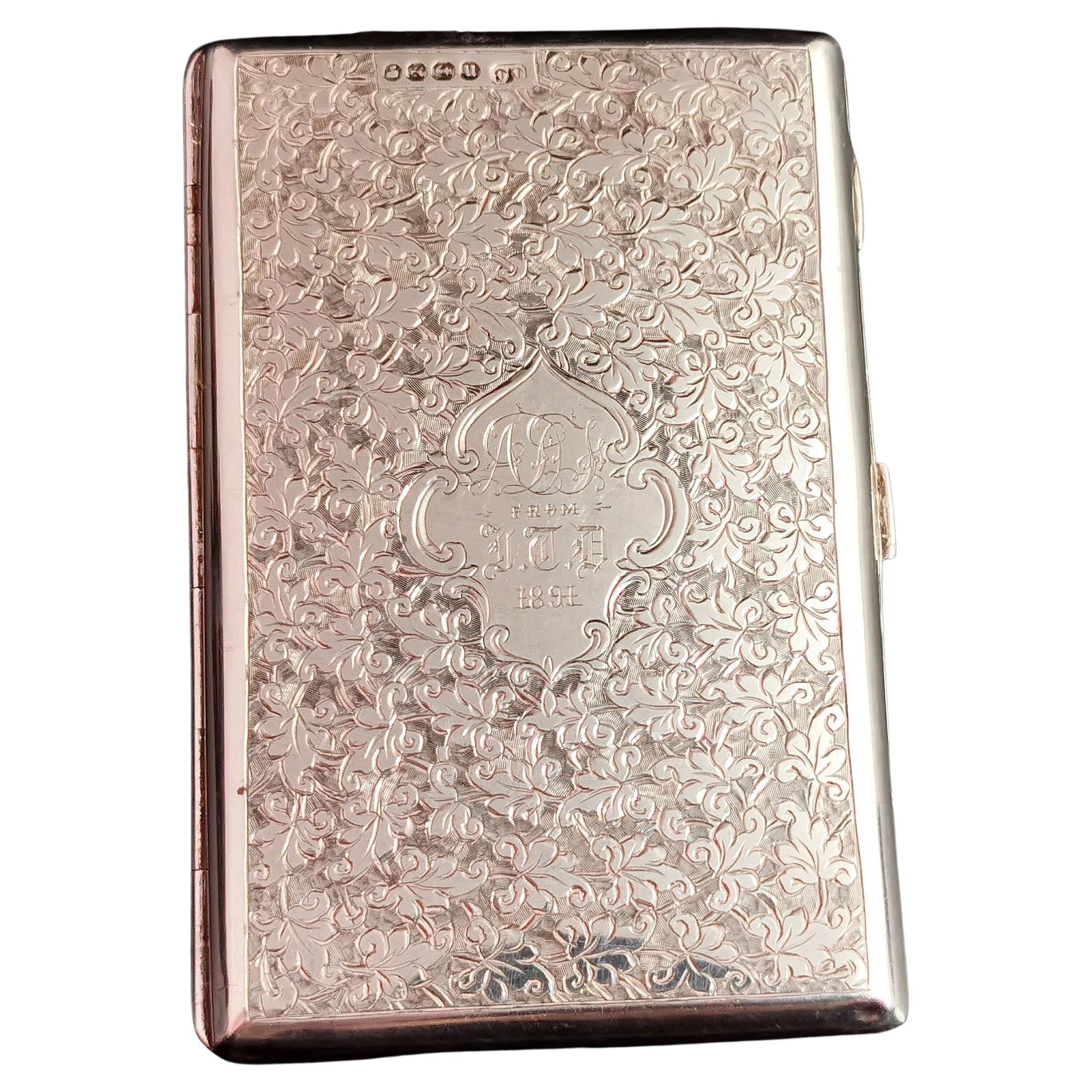 Antique Victorian silver card case, engraved, boxed 
