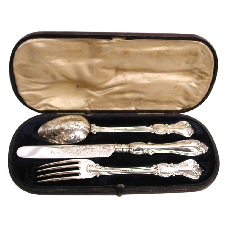 Antique Victorian Silver Child's Knife, Fork and Spoon Set in Leather Case, 1852