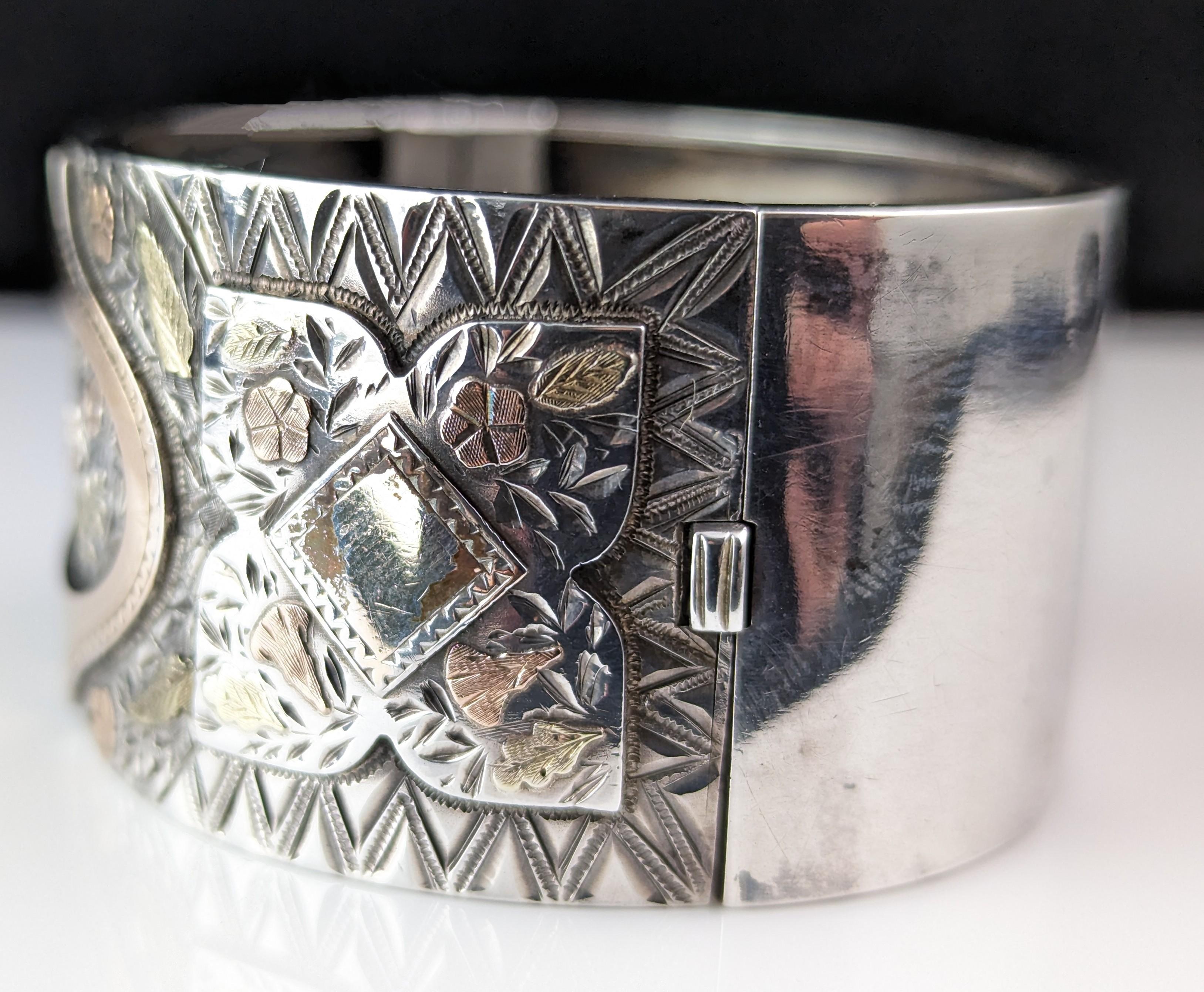 Antique Victorian silver Chunky bangle, 9k gold Floral, Aesthetic  9