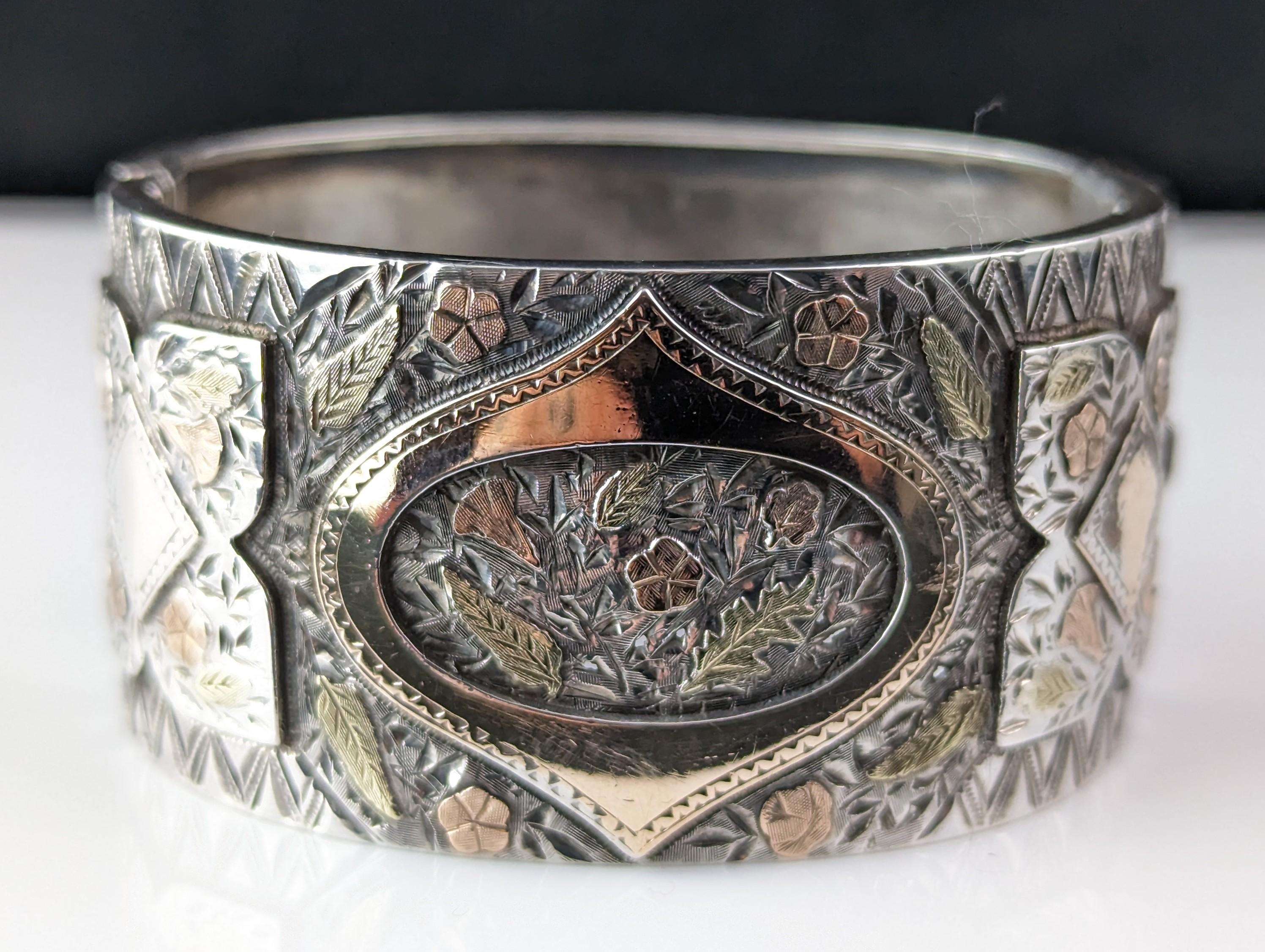 Antique Victorian silver Chunky bangle, 9k gold Floral, Aesthetic  10