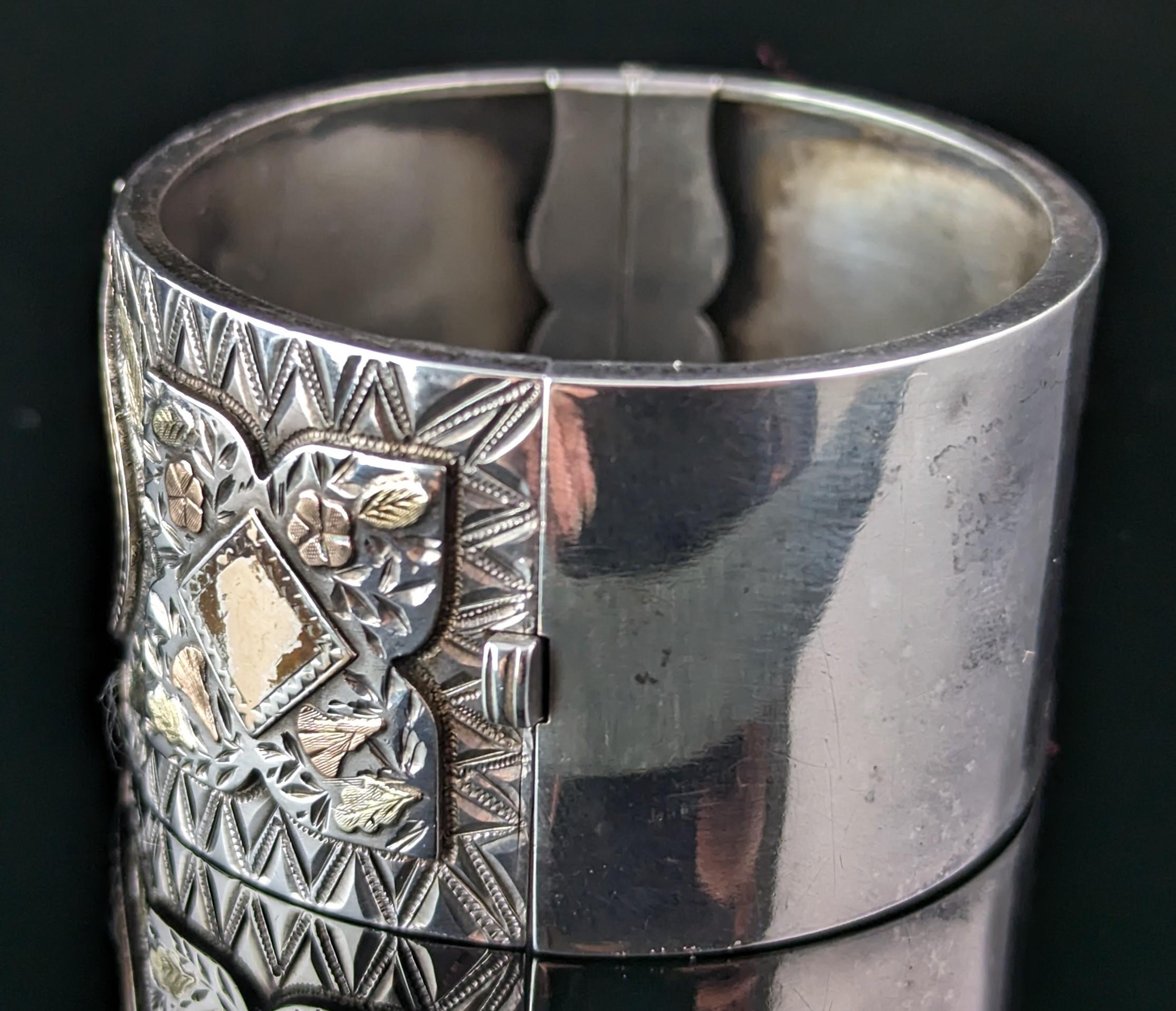Antique Victorian silver Chunky bangle, 9k gold Floral, Aesthetic  4