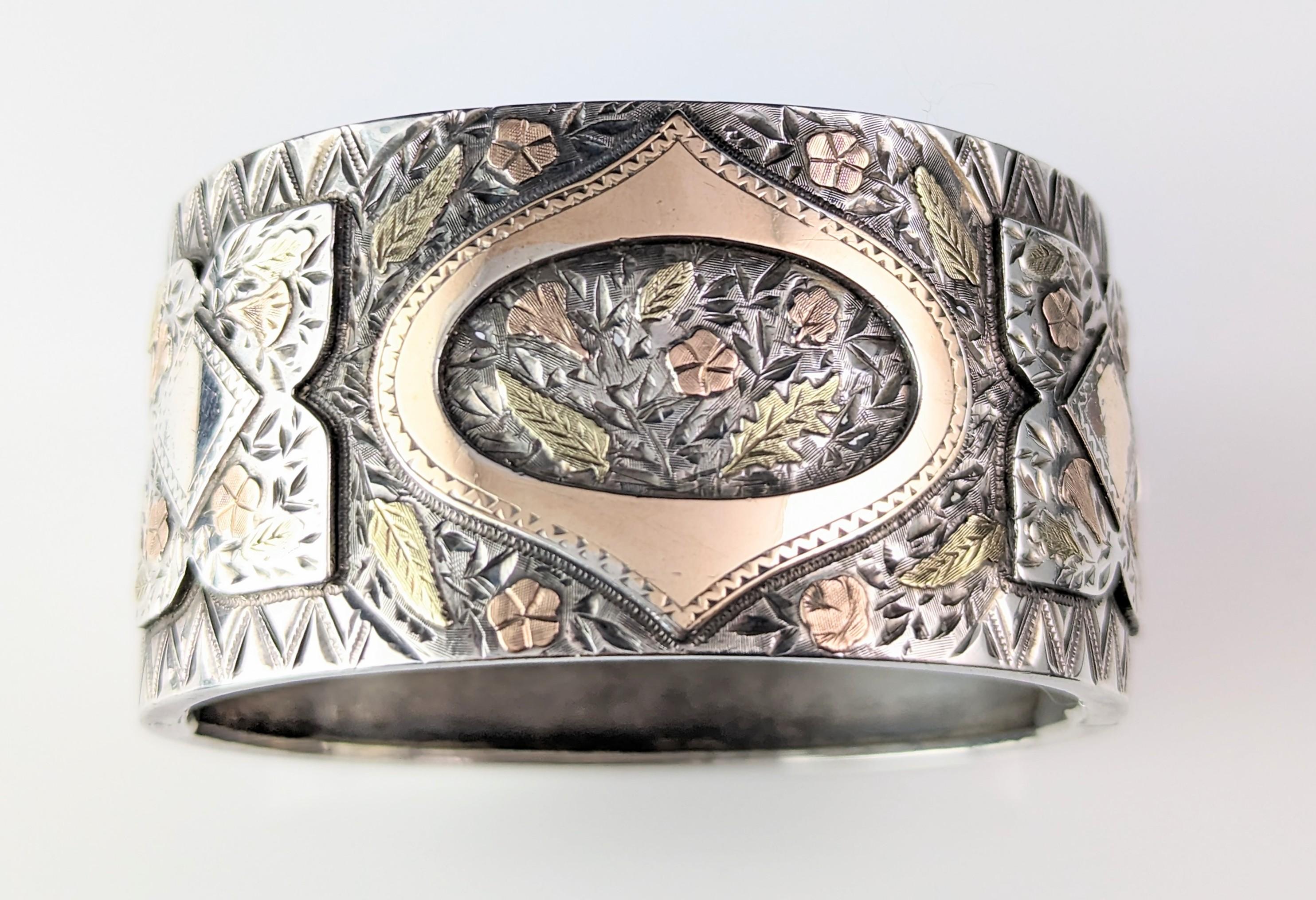 Antique Victorian silver Chunky bangle, 9k gold Floral, Aesthetic  5