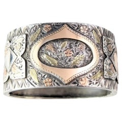 Antique Victorian silver Chunky bangle, 9k gold Floral, Aesthetic 