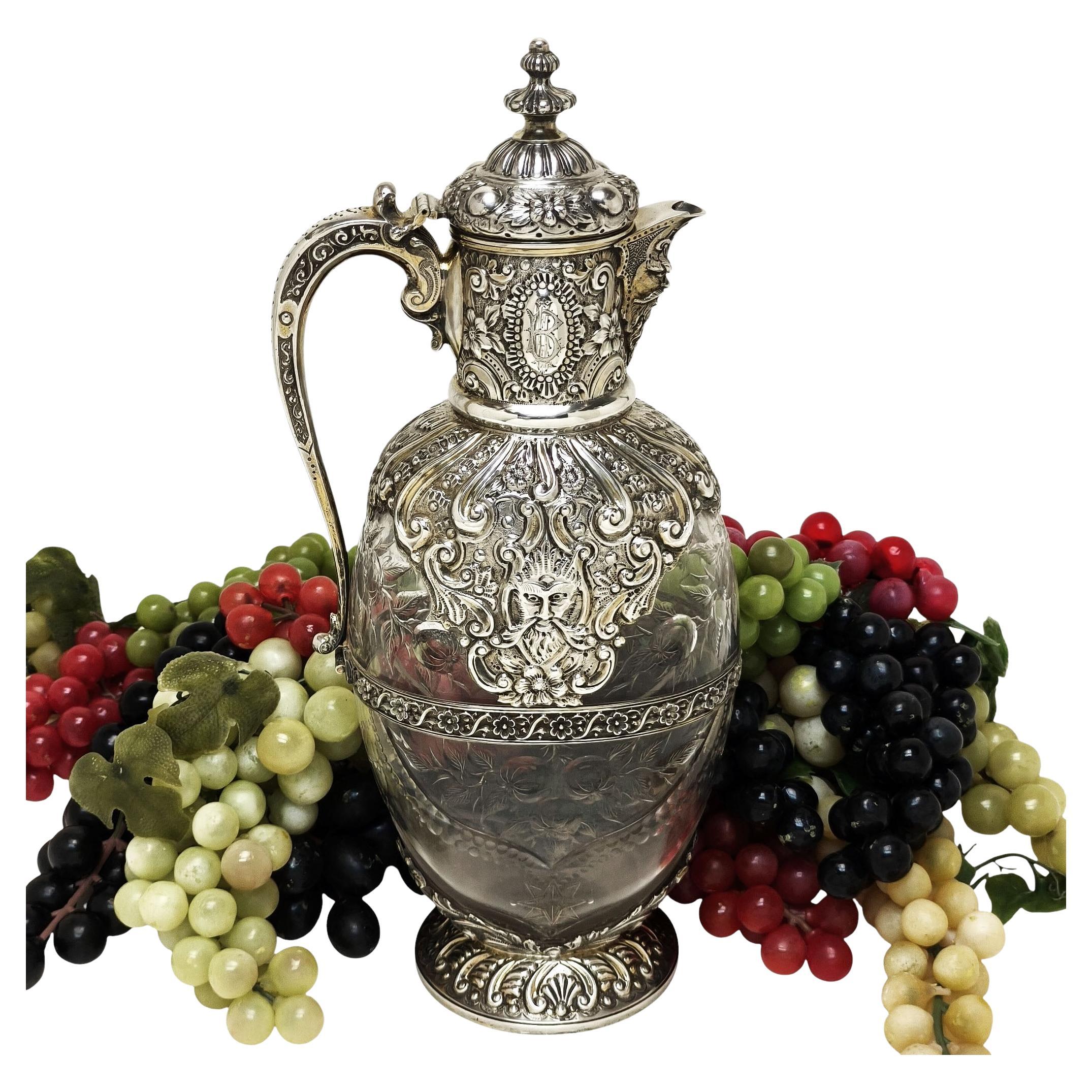 Antique Victorian Silver Claret Jug Wine Decanter London, England 1889 For Sale