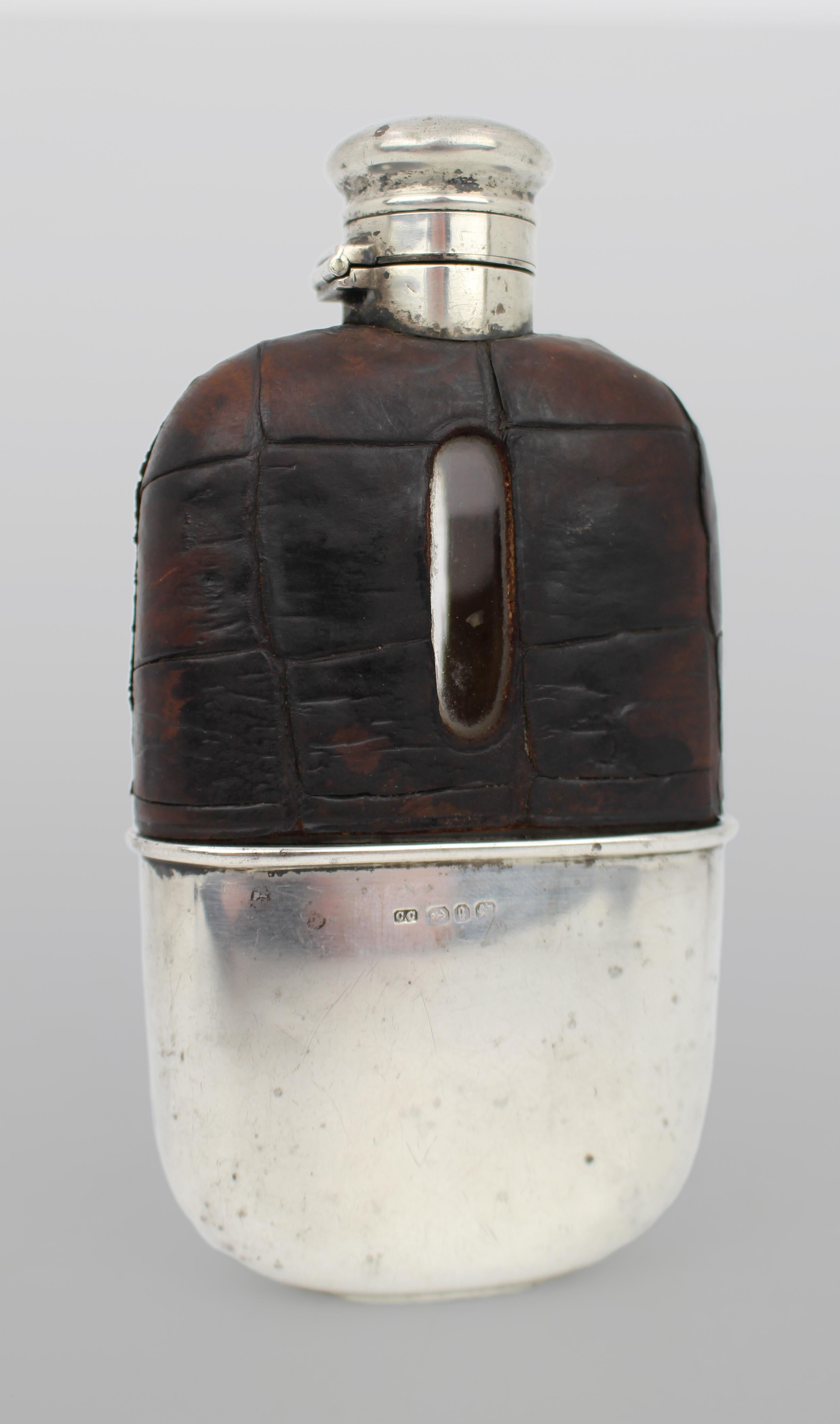 Antique Victorian Silver & Crocodile Leather Hip Flask – Birmingham 1890 (Britisch) im Angebot
