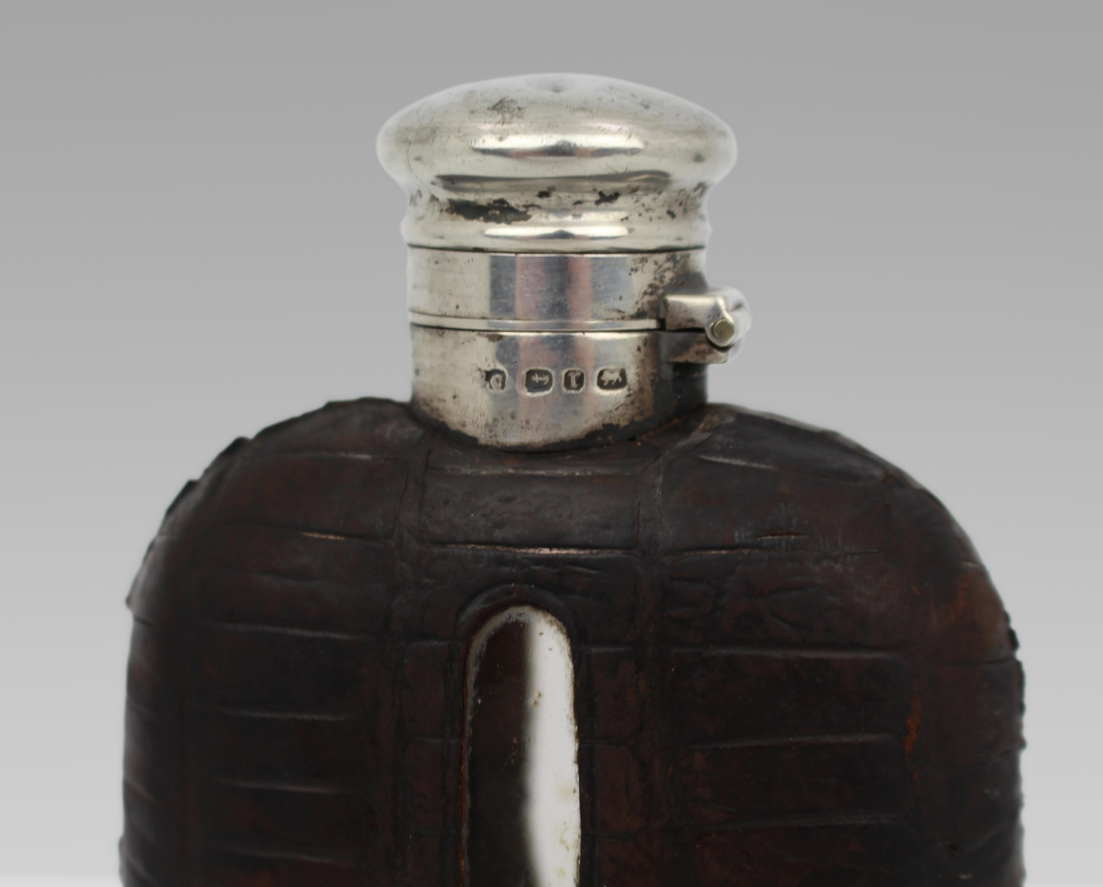 Antique Victorian Silver & Crocodile Leather Hip Flask – Birmingham 1890 im Angebot 1