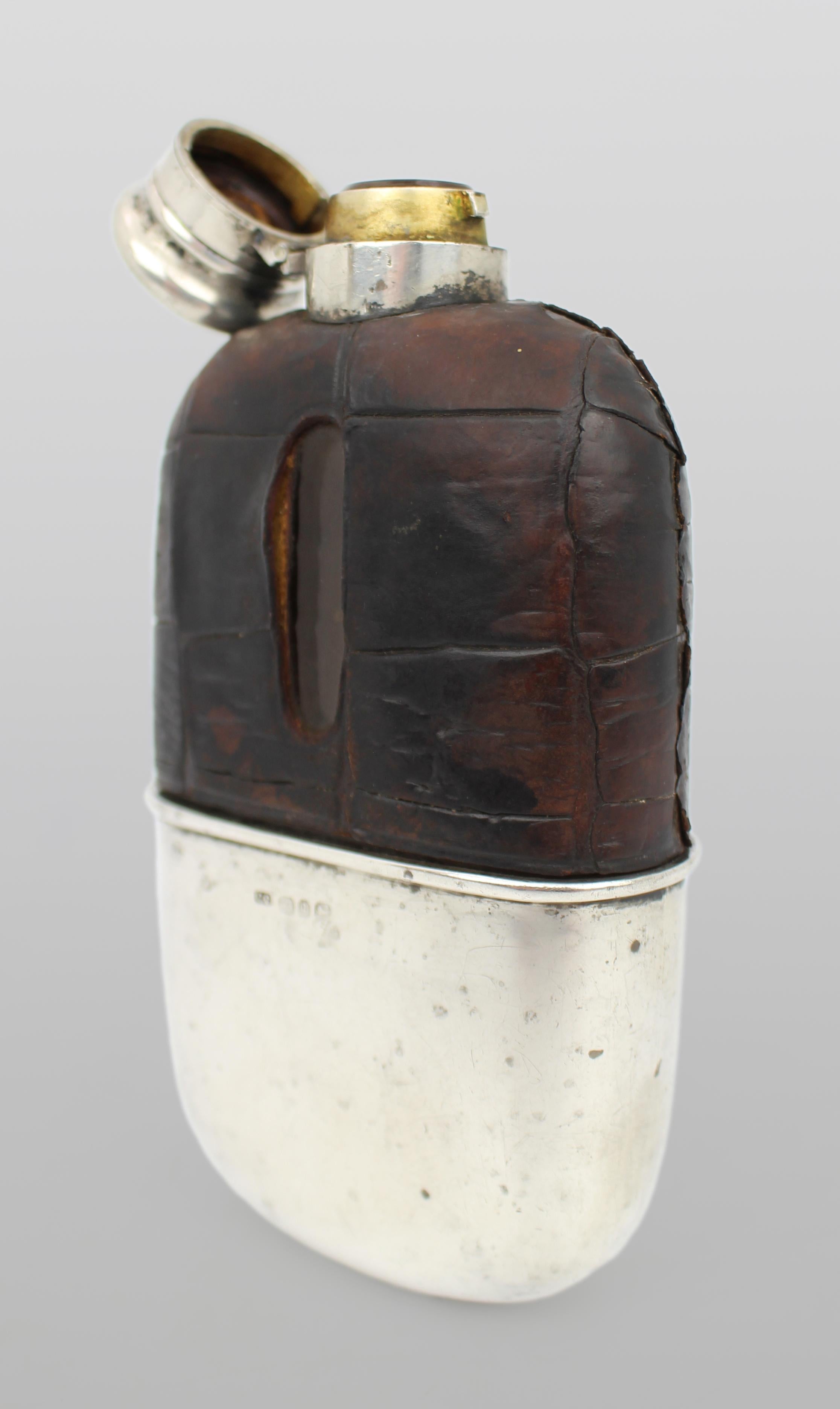 Antique Victorian Silver & Crocodile Leather Hip Flask – Birmingham 1890 im Angebot 2
