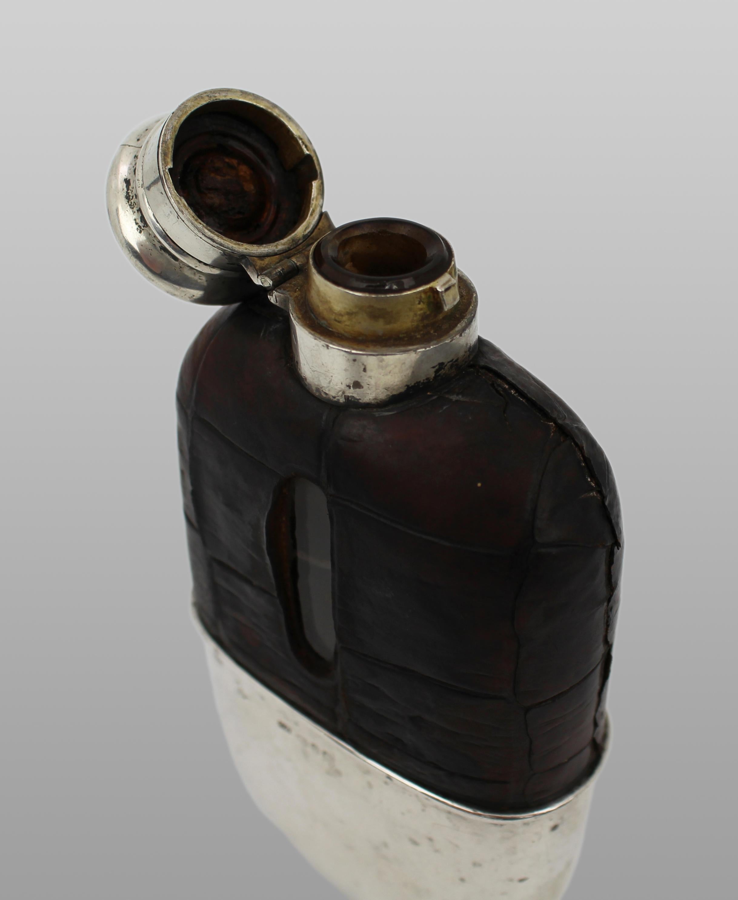 Antique Victorian Silver & Crocodile Leather Hip Flask – Birmingham 1890 im Angebot 3
