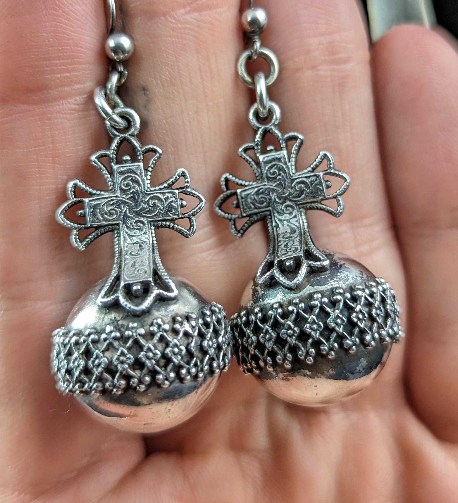 Antique Victorian silver cross and orb earrings, Globus Cruciger  6