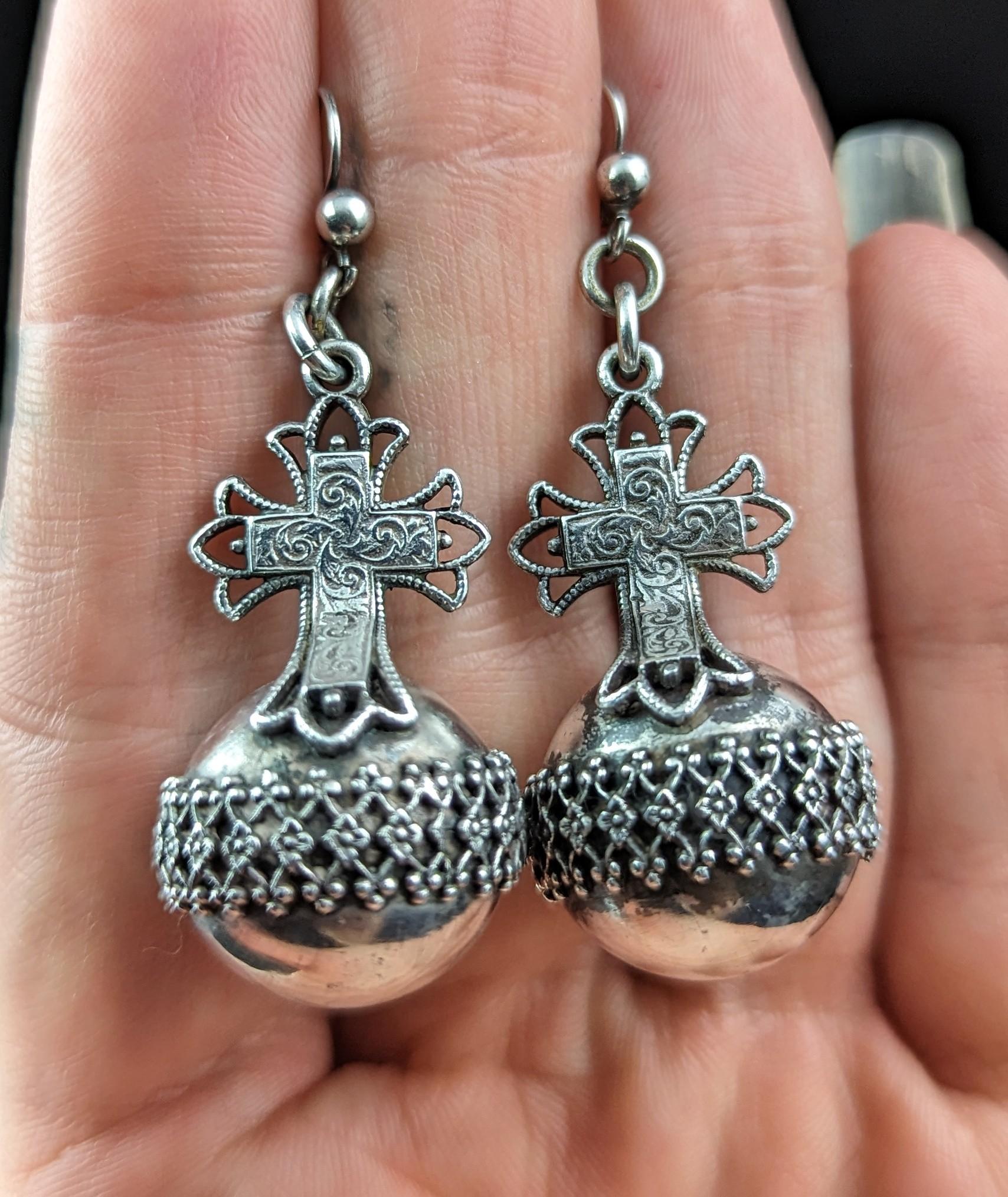 Antique Victorian silver cross and orb earrings, Globus Cruciger  9