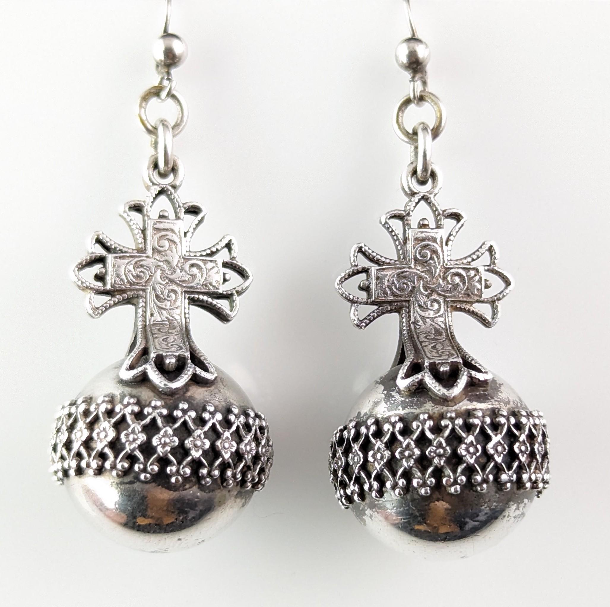 Women's Antique Victorian silver cross and orb earrings, Globus Cruciger 
