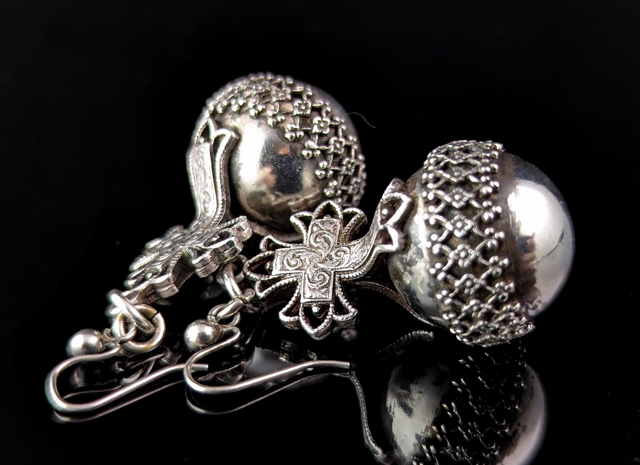 Antique Victorian silver cross and orb earrings, Globus Cruciger  2
