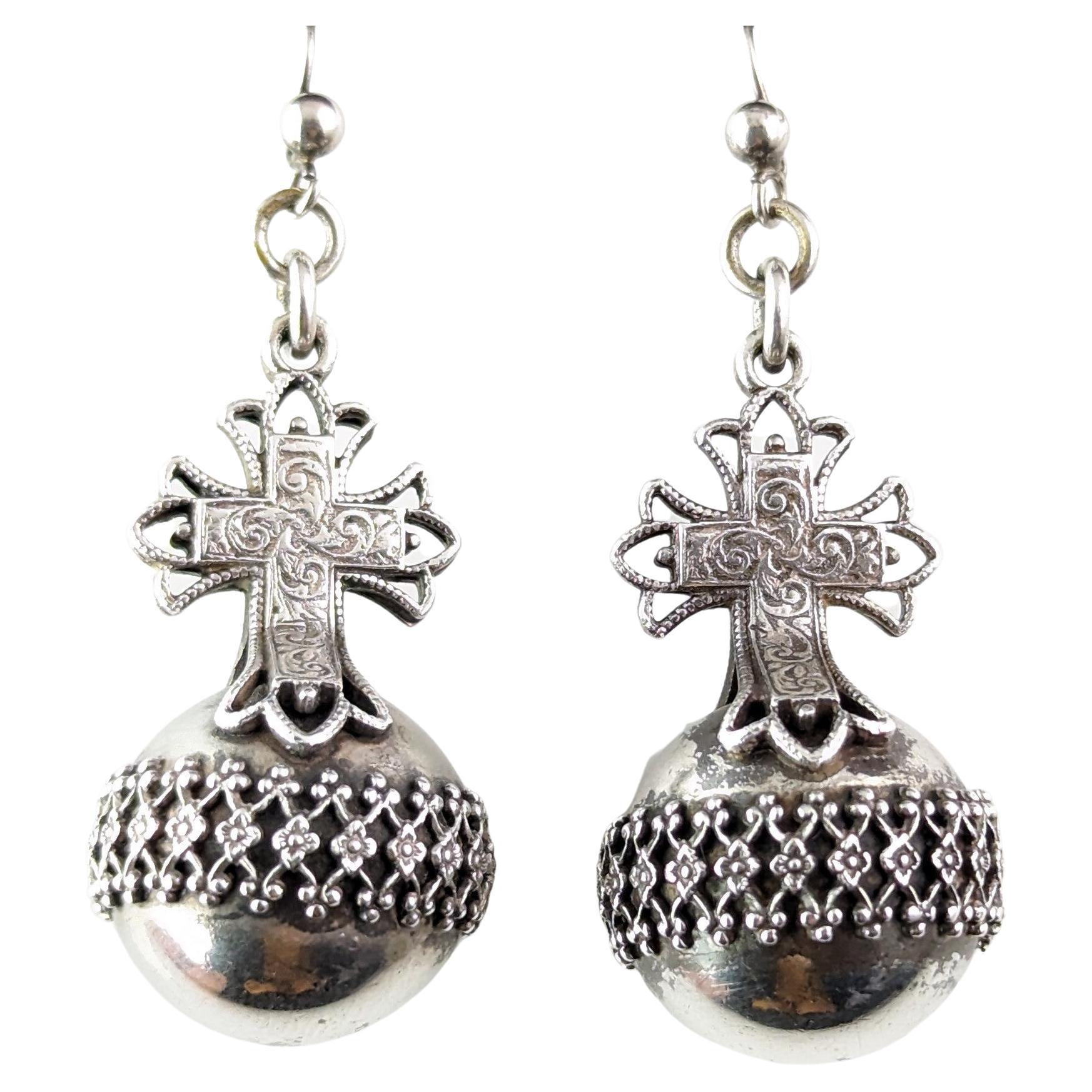 Antique Victorian silver cross and orb earrings, Globus Cruciger 
