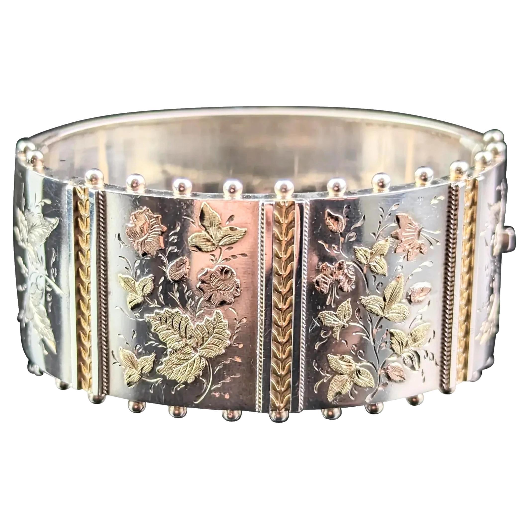 Antique Victorian Silver Cuff Bangle, Chunky, Aesthetic, 9k Bi Colour Gold