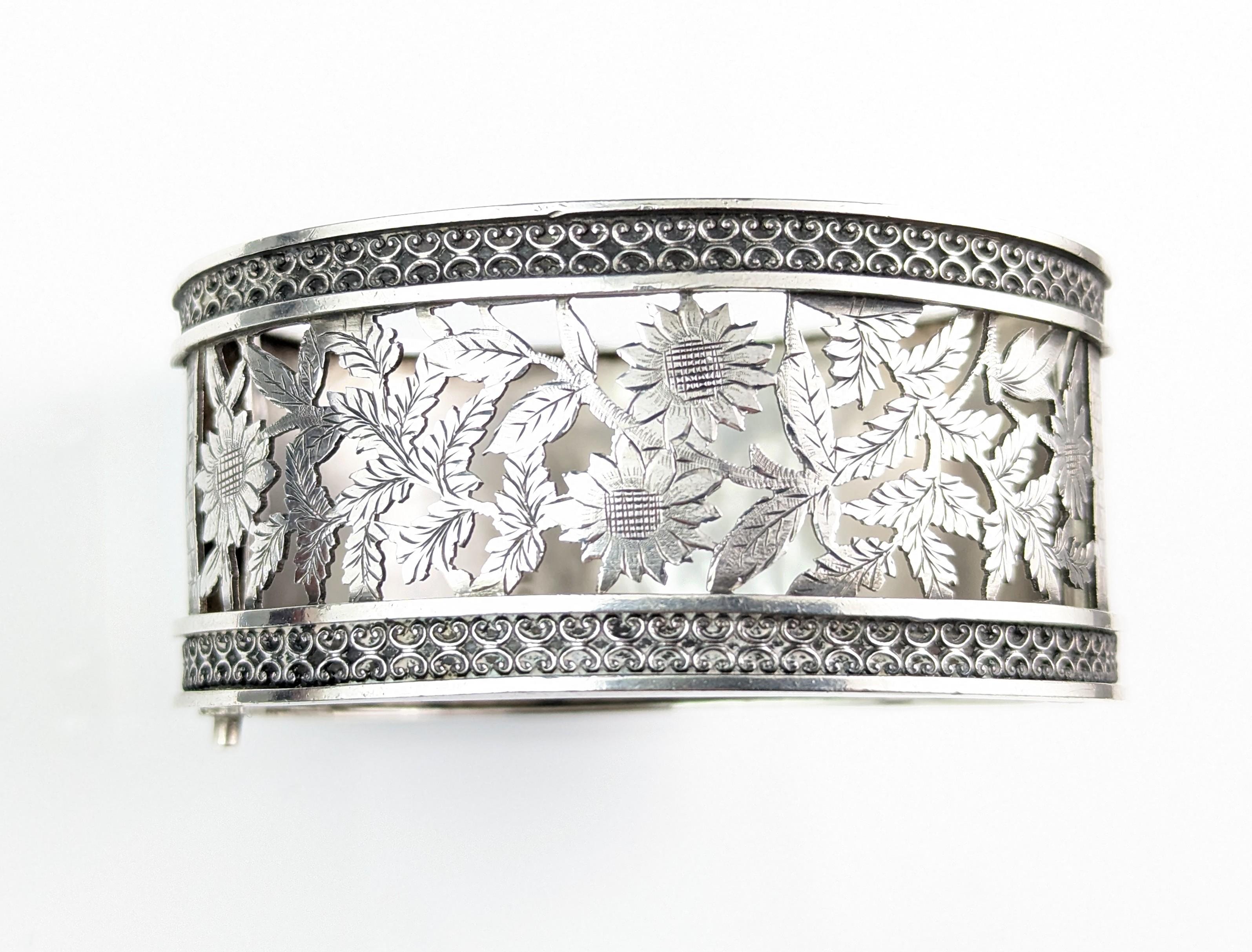 Antique Victorian Silver Cuff Bangle, Pierced Floral Design, Monogrammed 7