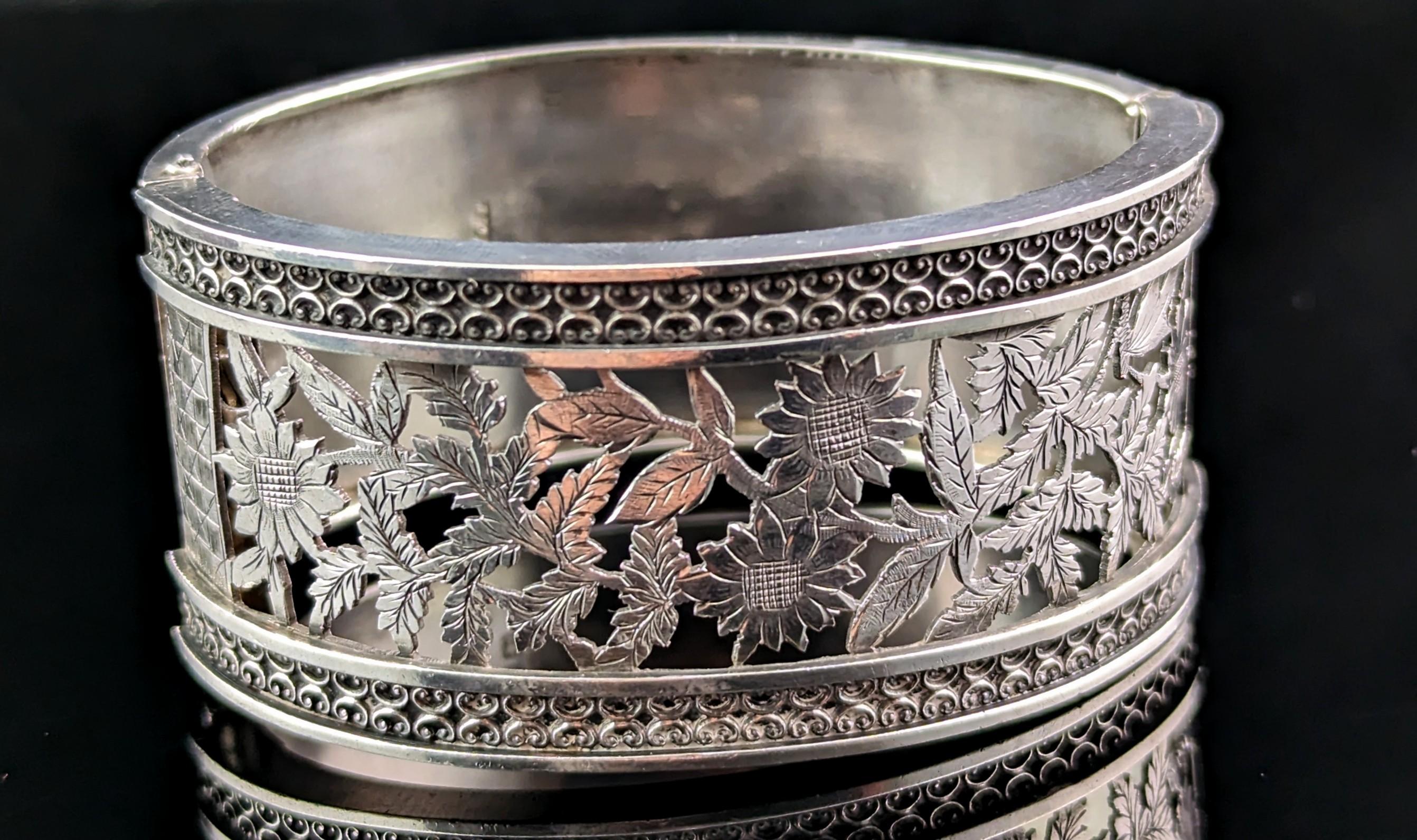 Aesthetic Movement Antique Victorian Silver Cuff Bangle, Pierced Floral Design, Monogrammed