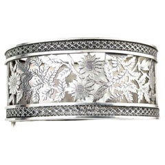 Antique Victorian Silver Cuff Bangle, Pierced Floral Design, Monogrammed