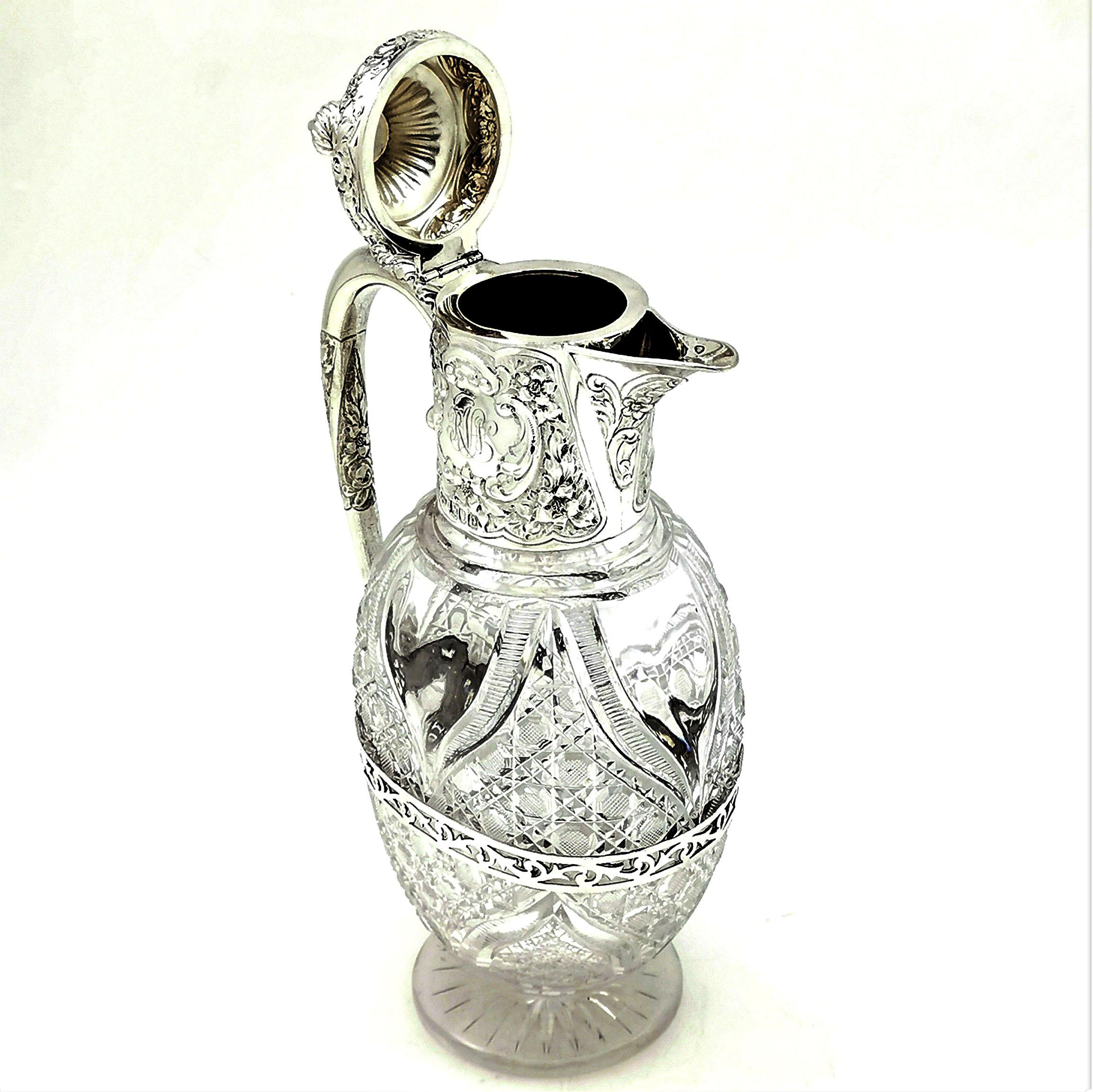 English Antique Victorian Silver and Cut Glass Claret Jug / Wine Decanter Ewer, 1900