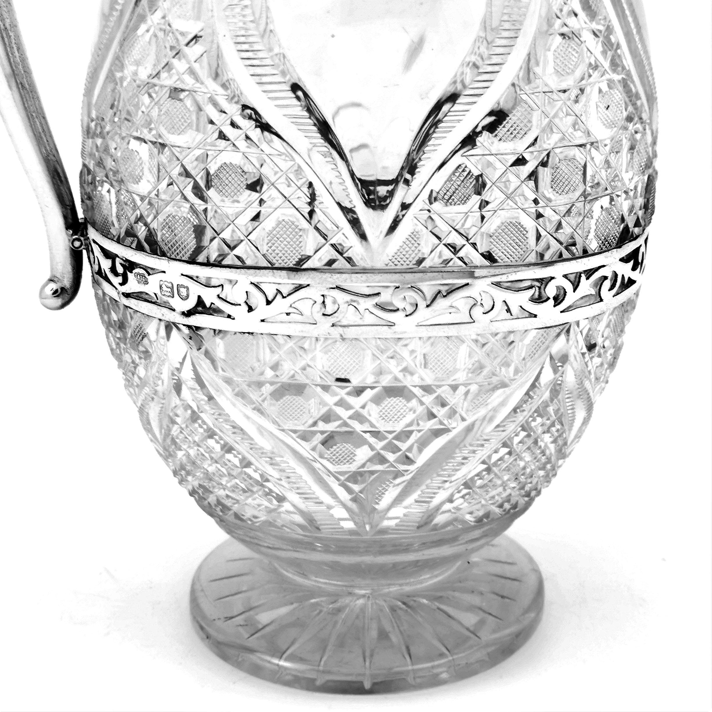 Sterling Silver Antique Victorian Silver and Cut Glass Claret Jug / Wine Decanter Ewer, 1900