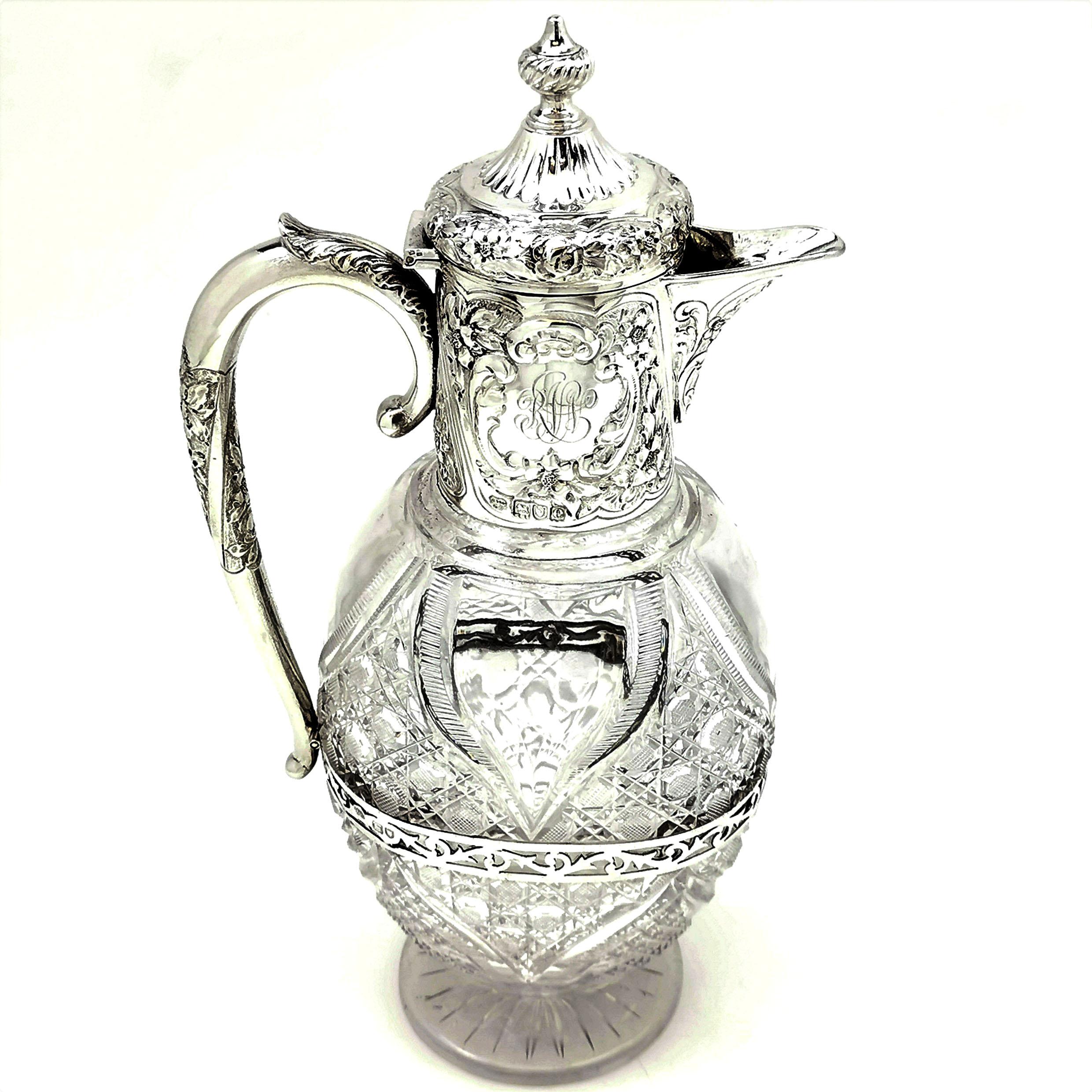 Antique Victorian Silver and Cut Glass Claret Jug / Wine Decanter Ewer, 1900 2