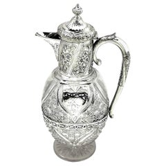 Antique Victorian Silver and Cut Glass Claret Jug / Wine Decanter Ewer, 1900