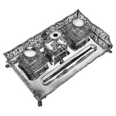 Antique Victorian Silver & Cut Glass Inkstand Inkwell Desk Tidy London 1895