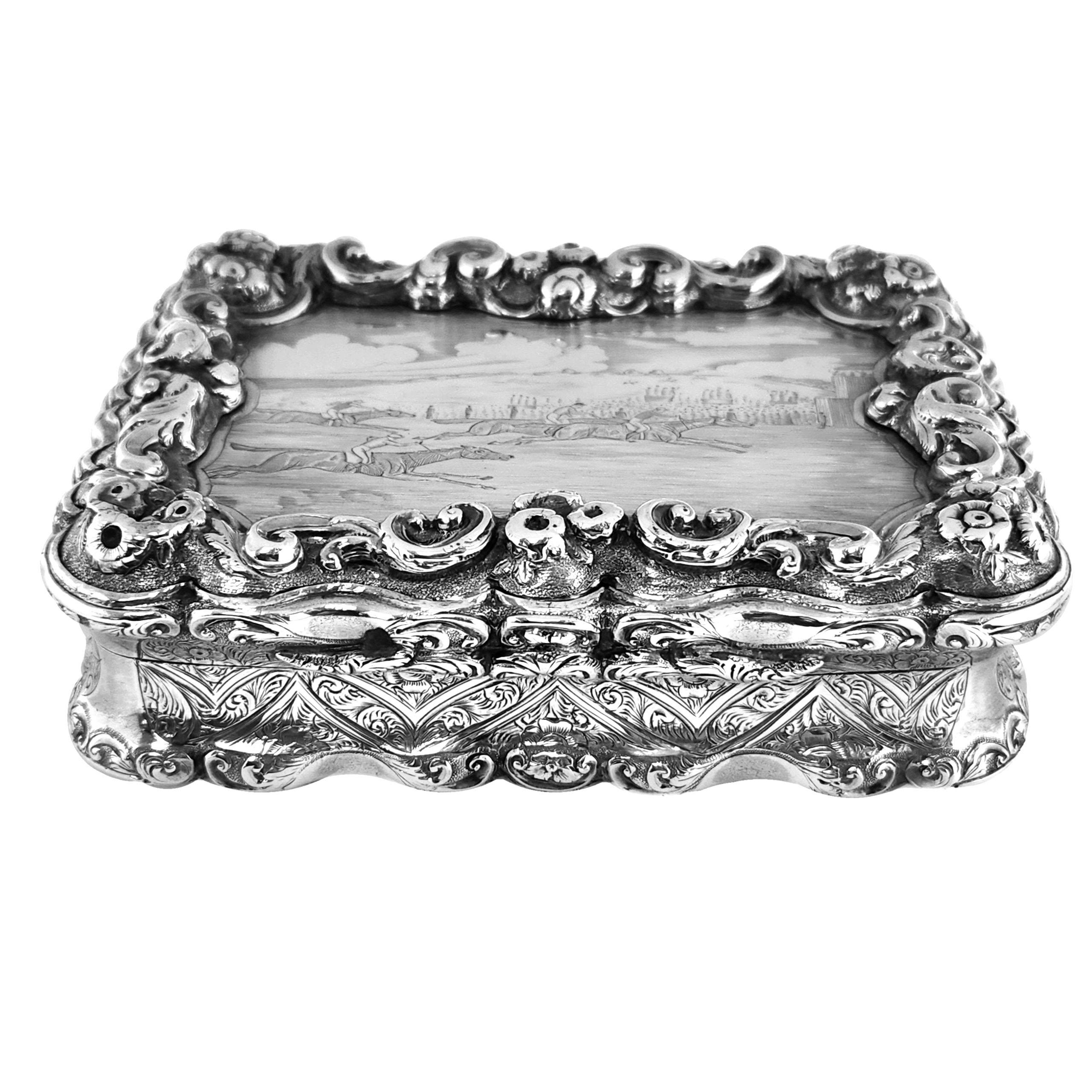 English Antique Victorian Silver Decorative Table Snuff Box 1861 Horse Racing For Sale