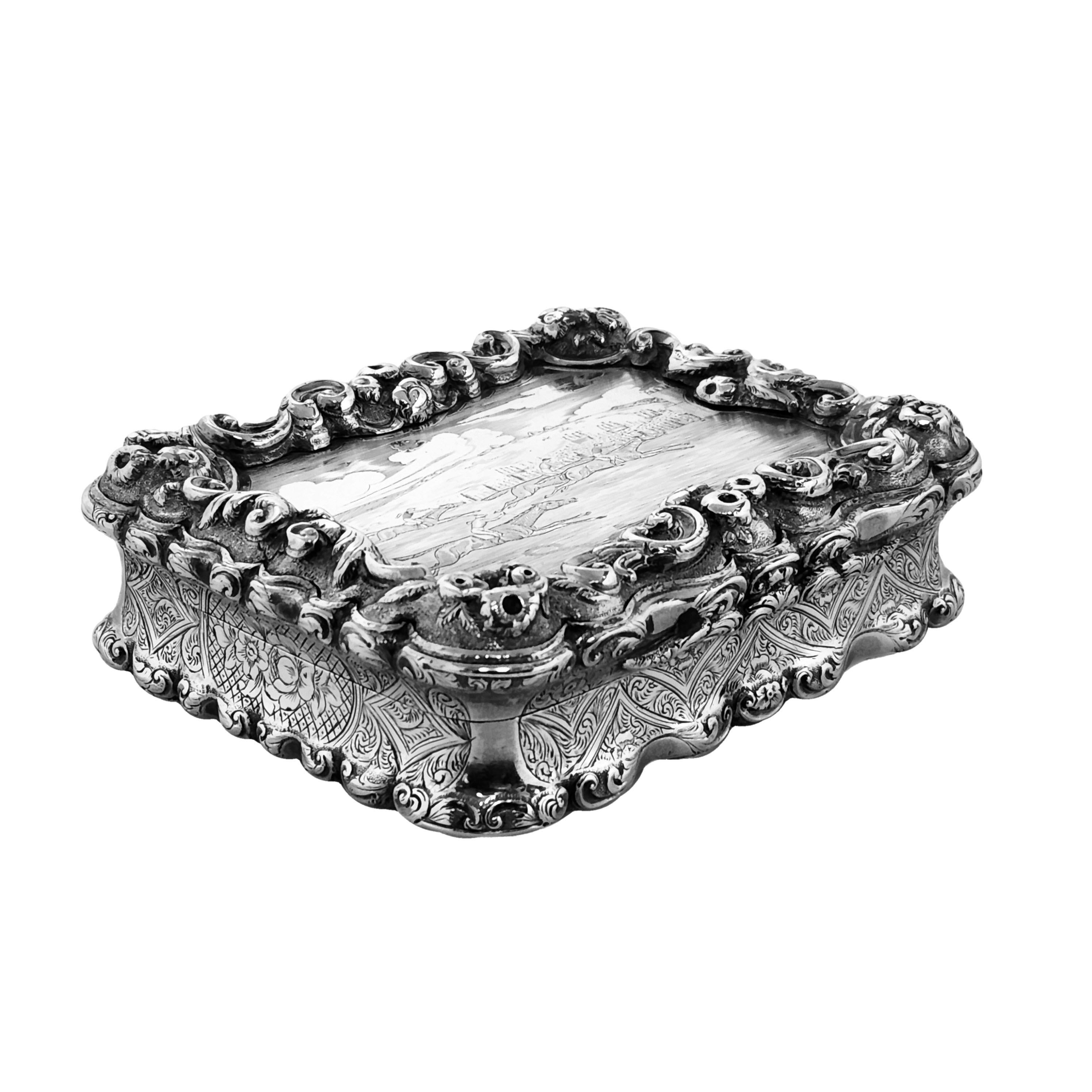 19th Century Antique Victorian Silver Decorative Table Snuff Box 1861 Horse Racing For Sale