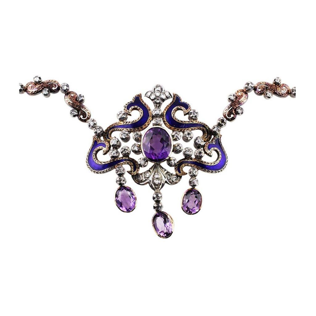 Antique Victorian Silver Diamond Amethyst Necklace and Earrings In Excellent Condition For Sale In La Jolla, CA