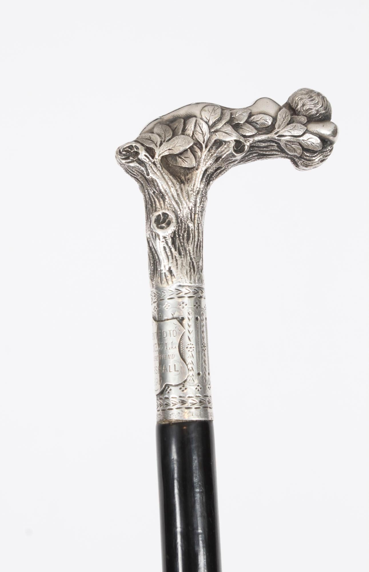 Antique Victorian Silver & Ebonized Walking Stick Dated 1890 19th Century In Good Condition In London, GB
