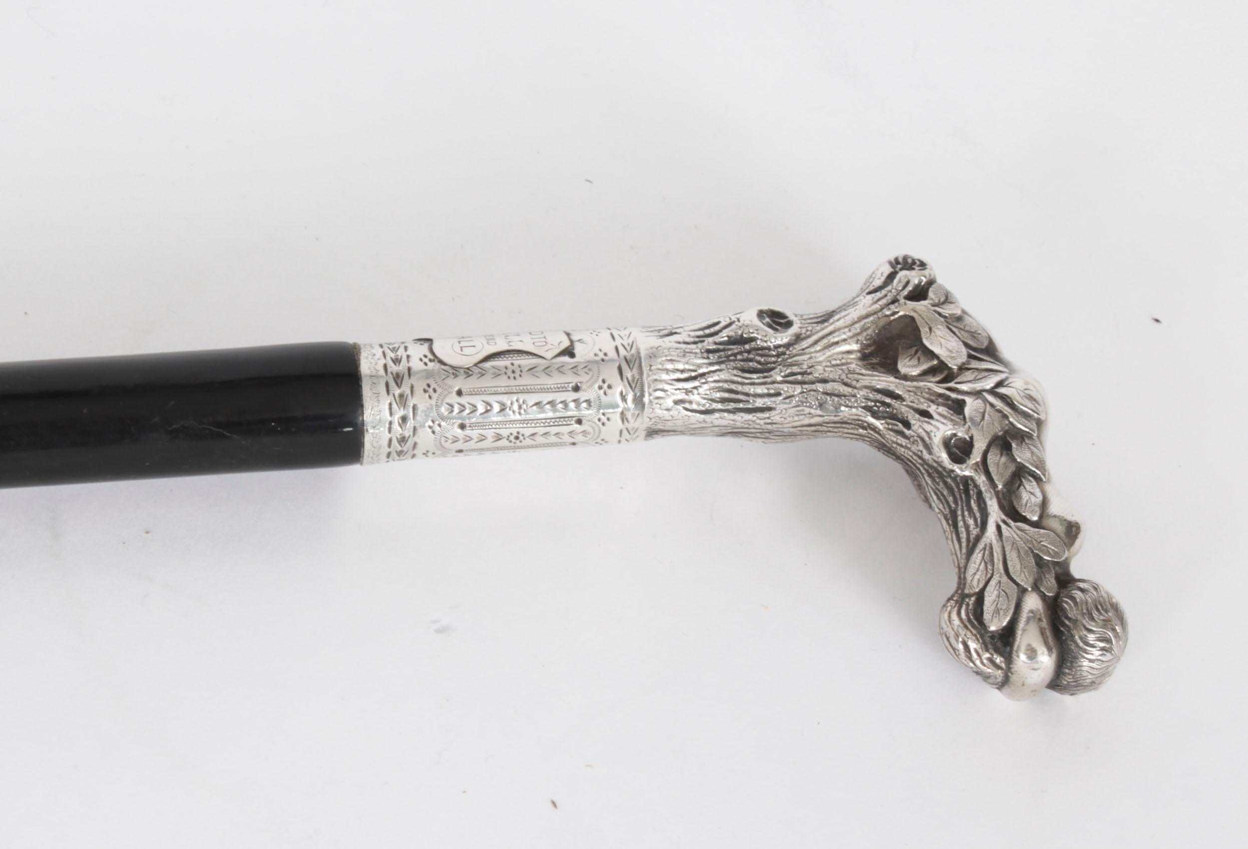 Mid-19th Century Antique Victorian Silver & Ebonized Walking Stick Dated 1890 19th Century For Sale