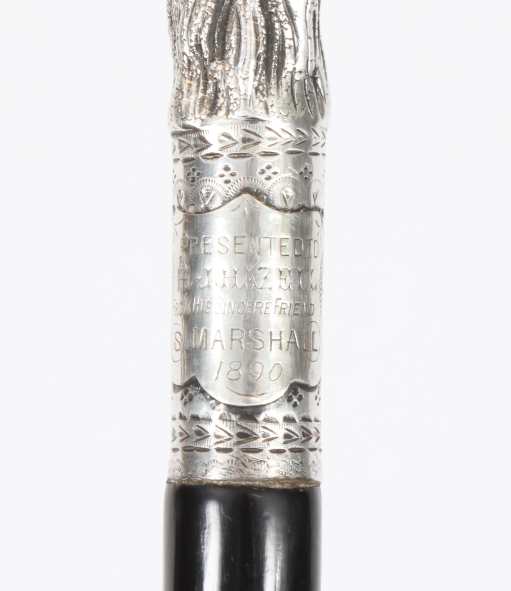 Antique Victorian Silver & Ebonized Walking Stick Dated 1890 19th Century 1