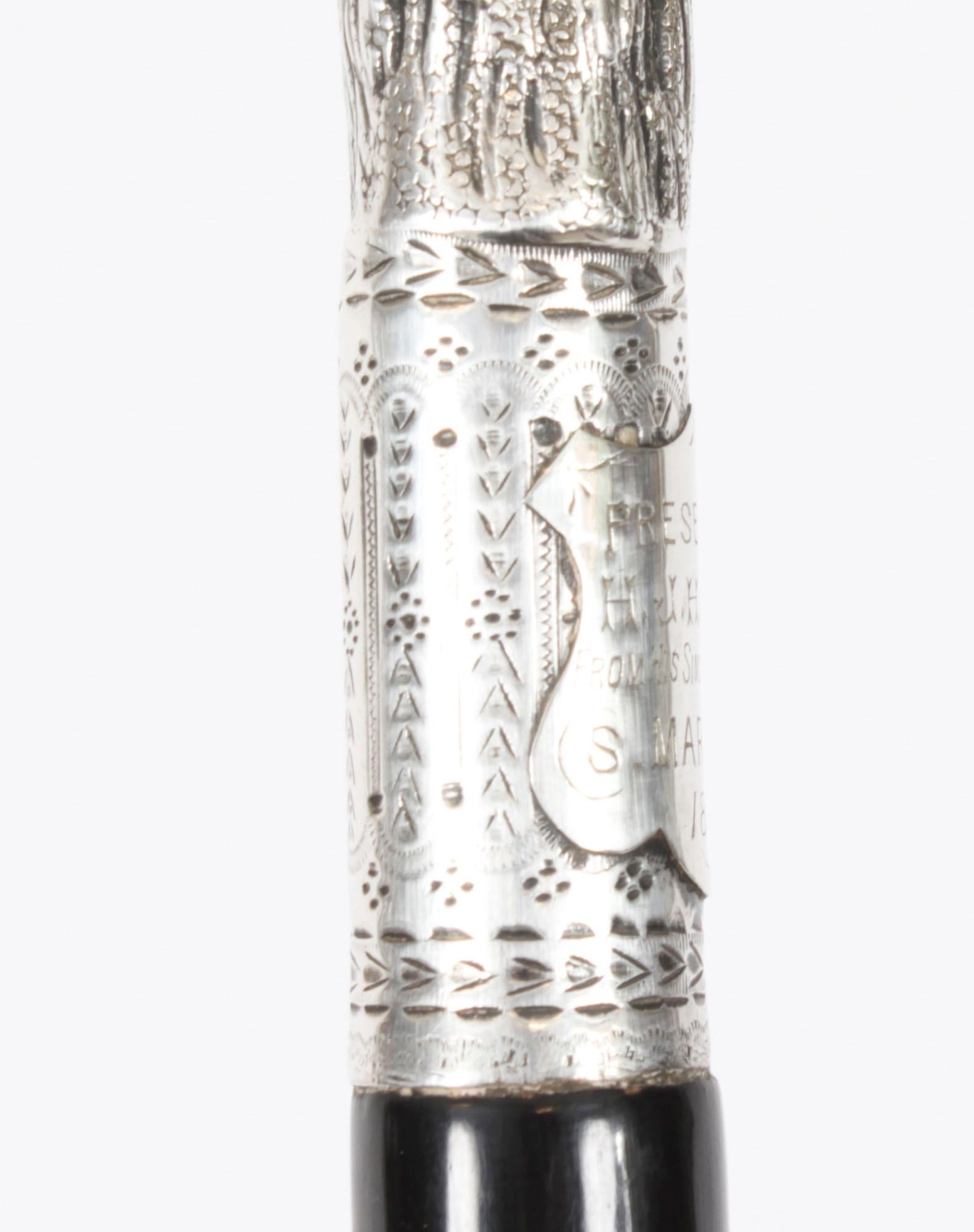 Antique Victorian Silver & Ebonized Walking Stick Dated 1890 19th Century 2