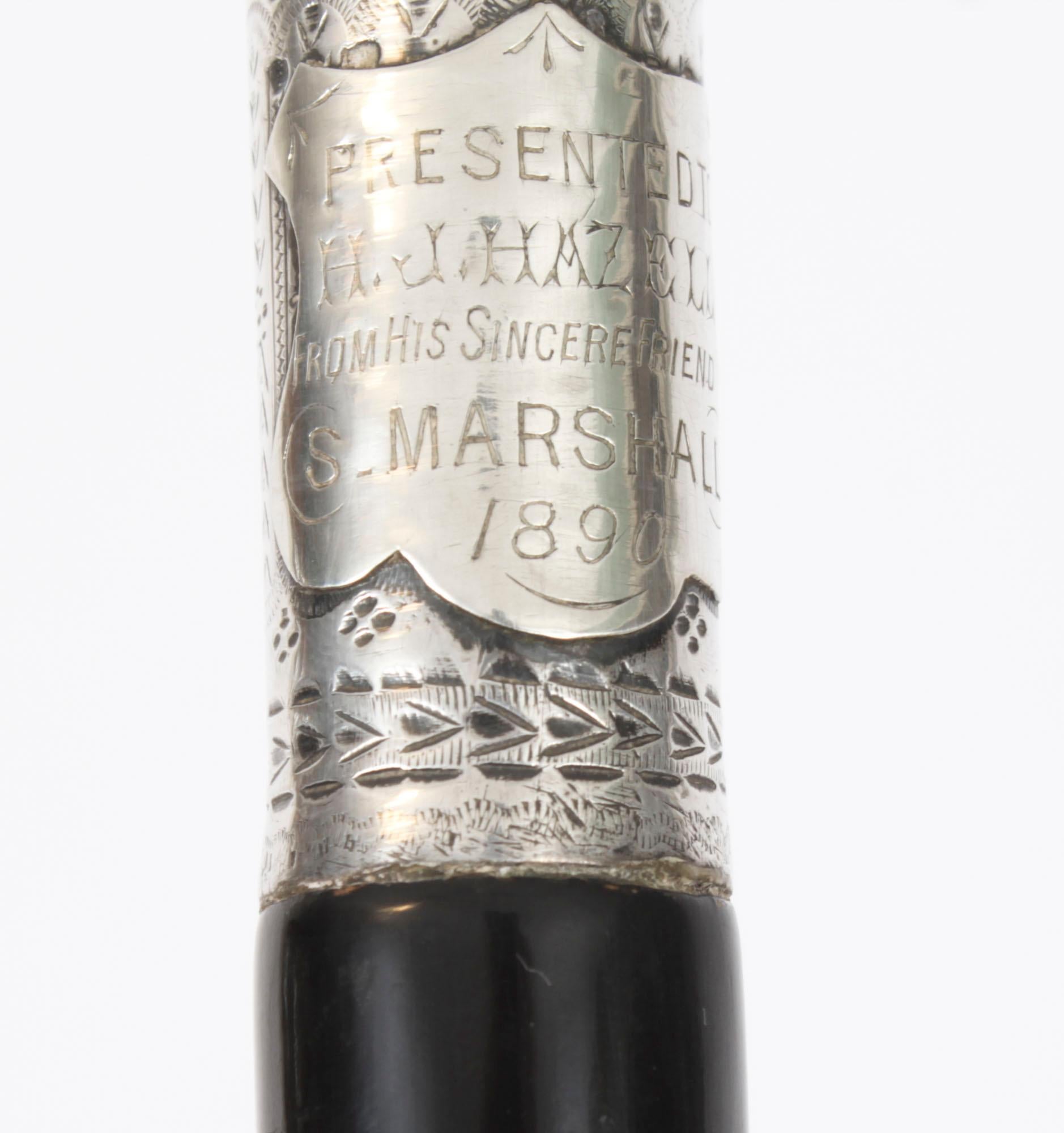 Antique Victorian Silver & Ebonized Walking Stick Dated 1890 19th Century 4